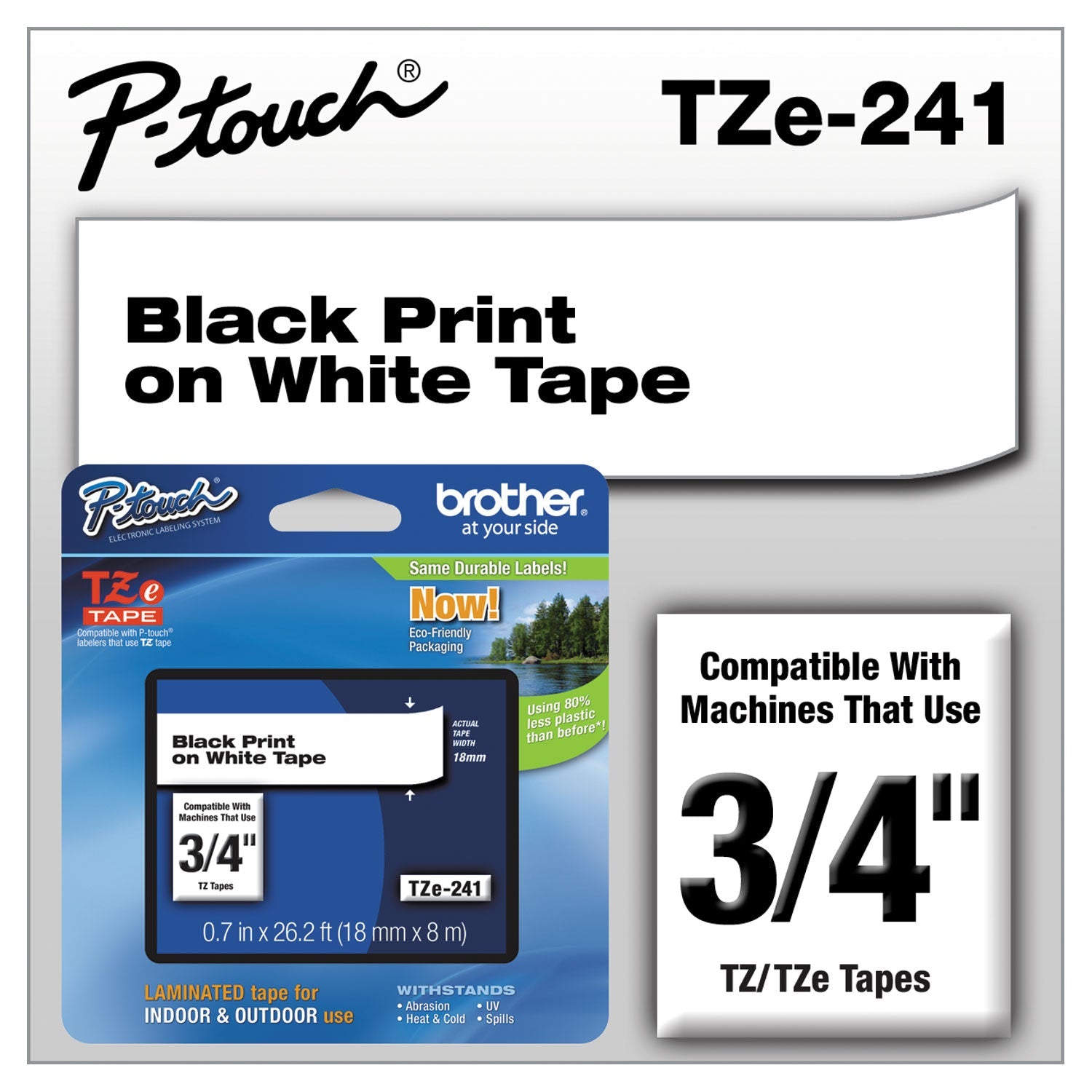 Brother P-Touch® Tze Standard Adhesive Laminated Labeling Tape, 0.7" X 26.2 Ft, Black On White