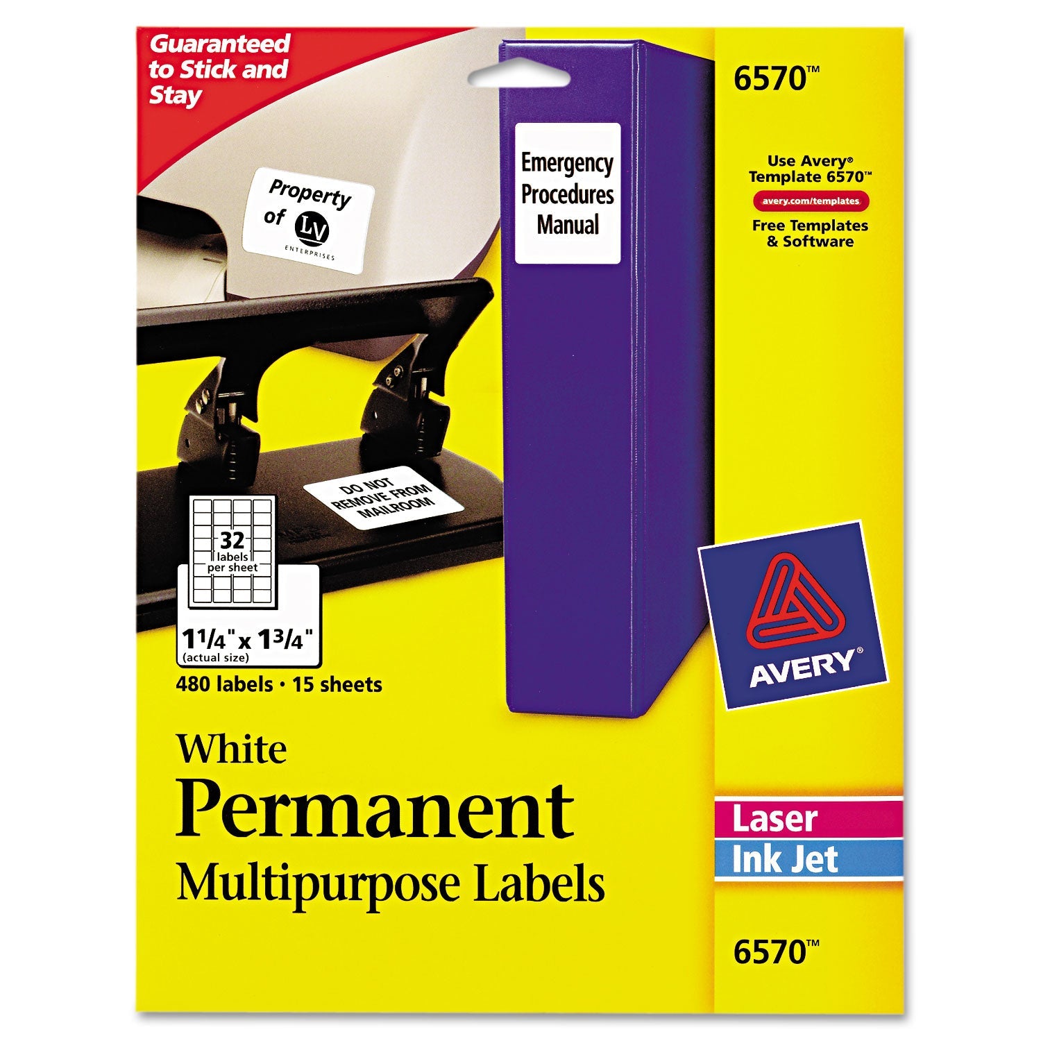 Avery® Permanent Id Labels W/ Sure Feed Technology, Inkjet/laser Printers, 1.25 X 1.75, White, 32/sheet, 15 Sheets/pack
