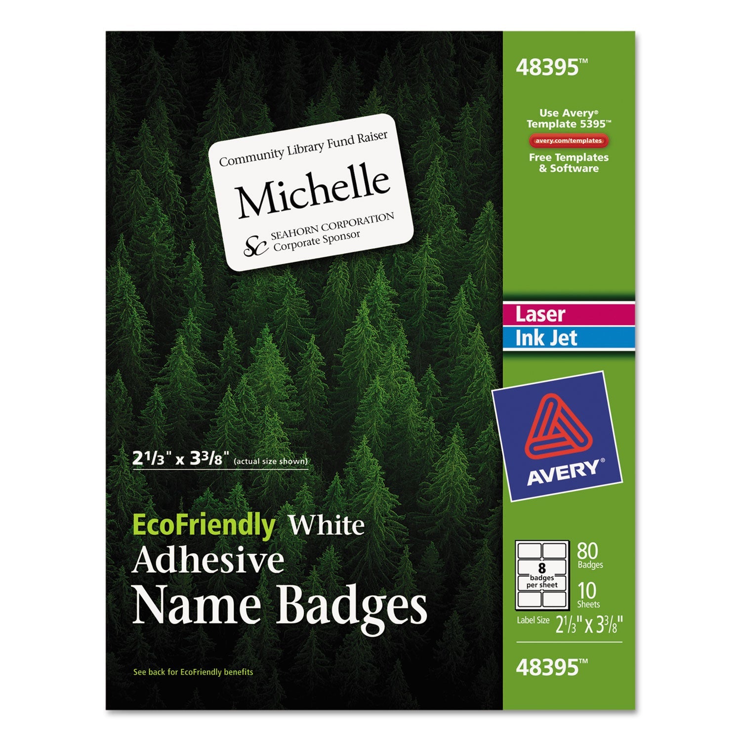 Avery® Ecofriendly Adhesive Name Badge Labels, 3.38 X 2.33, White, 80/pack