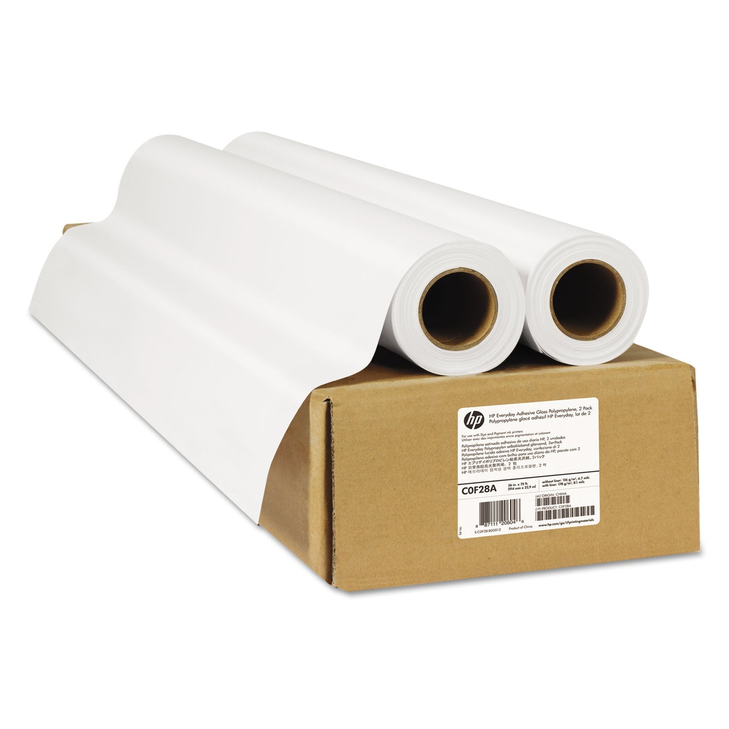 HP Everyday Adhesive Gloss Polypropylene, 2" Core, 36" X 75 Ft, Glossy White, 2/pack - Bloom Skins