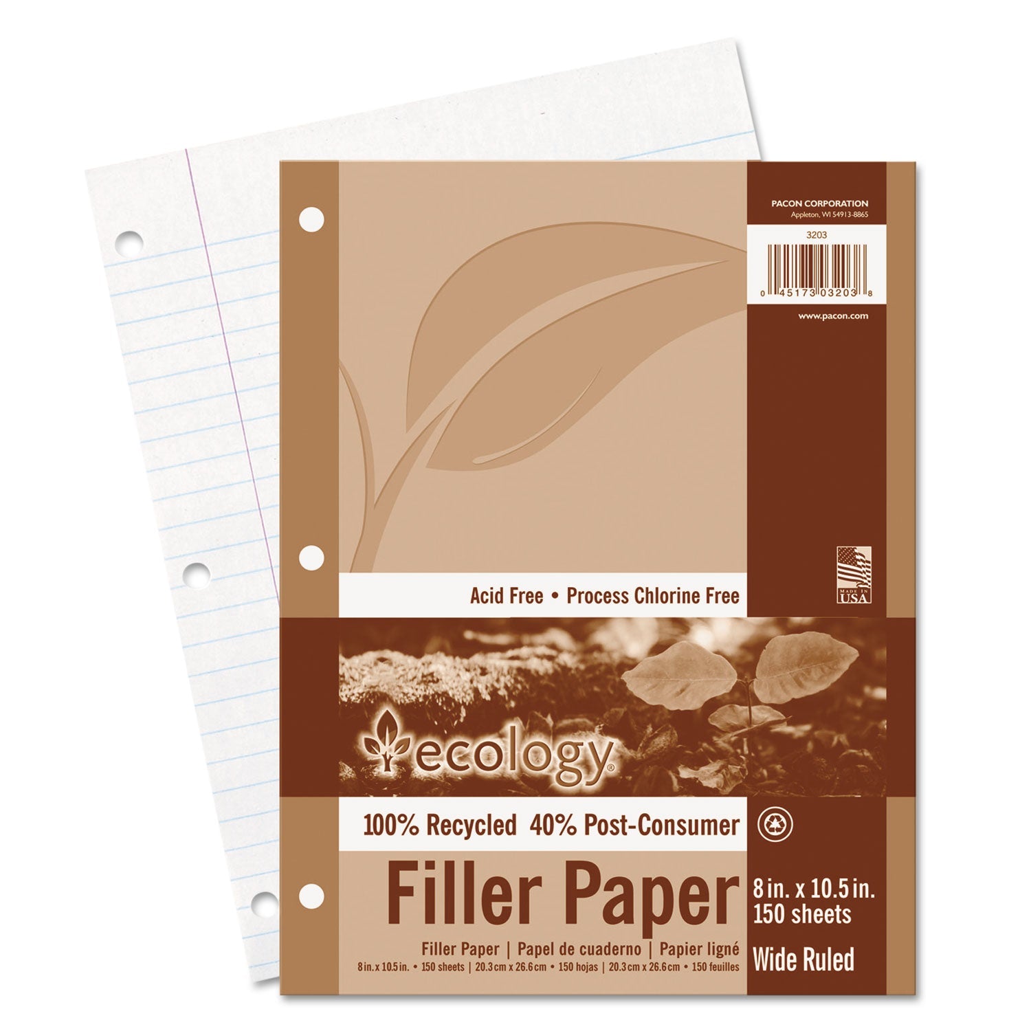 Pacon® Ecology Filler Paper, 3-Hole, 8 X 10.5, Wide/legal Rule, 150/pack