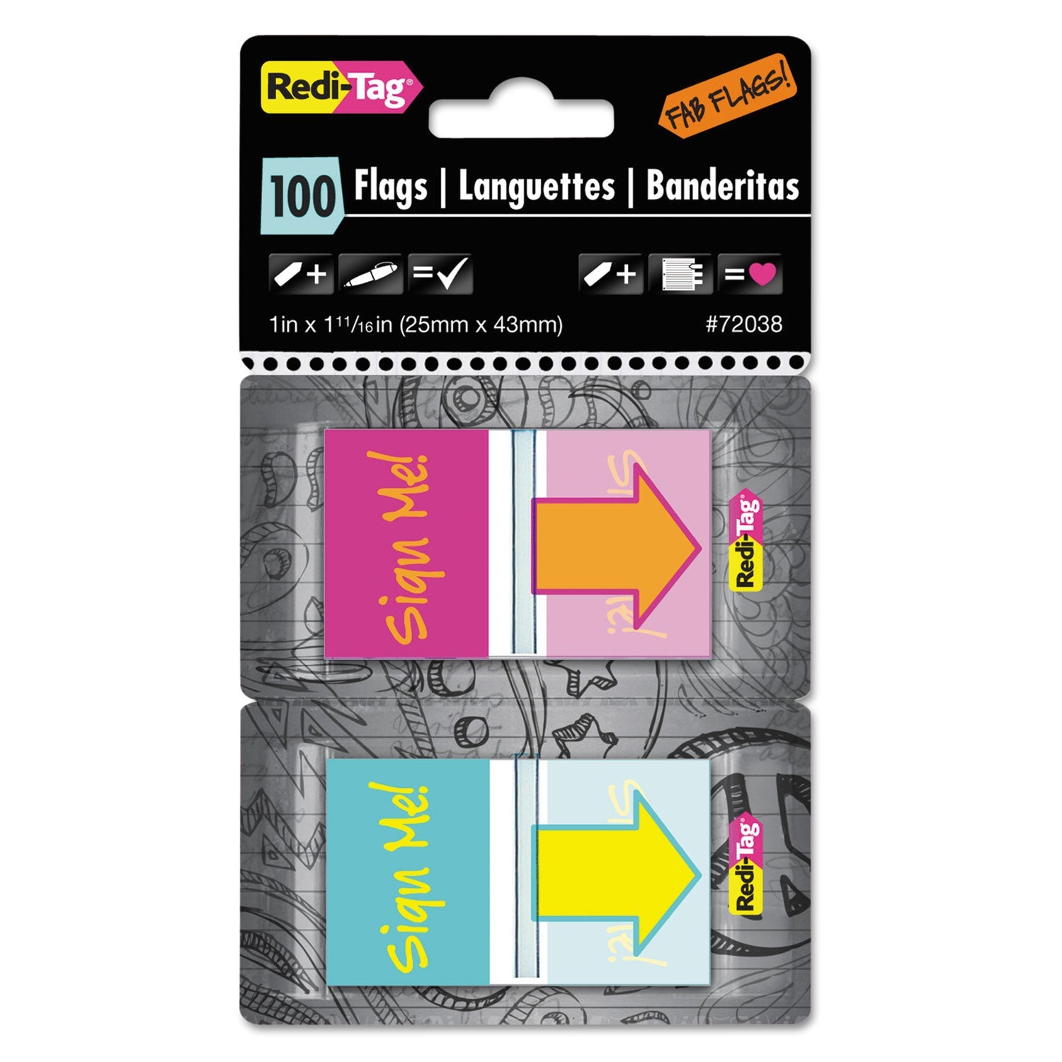 Redi-Tag® Pop-Up Fab Page Flags W/dispenser, "sign Me!", Red/orange, Teal/yellow, 100/pack - Bloom Skins