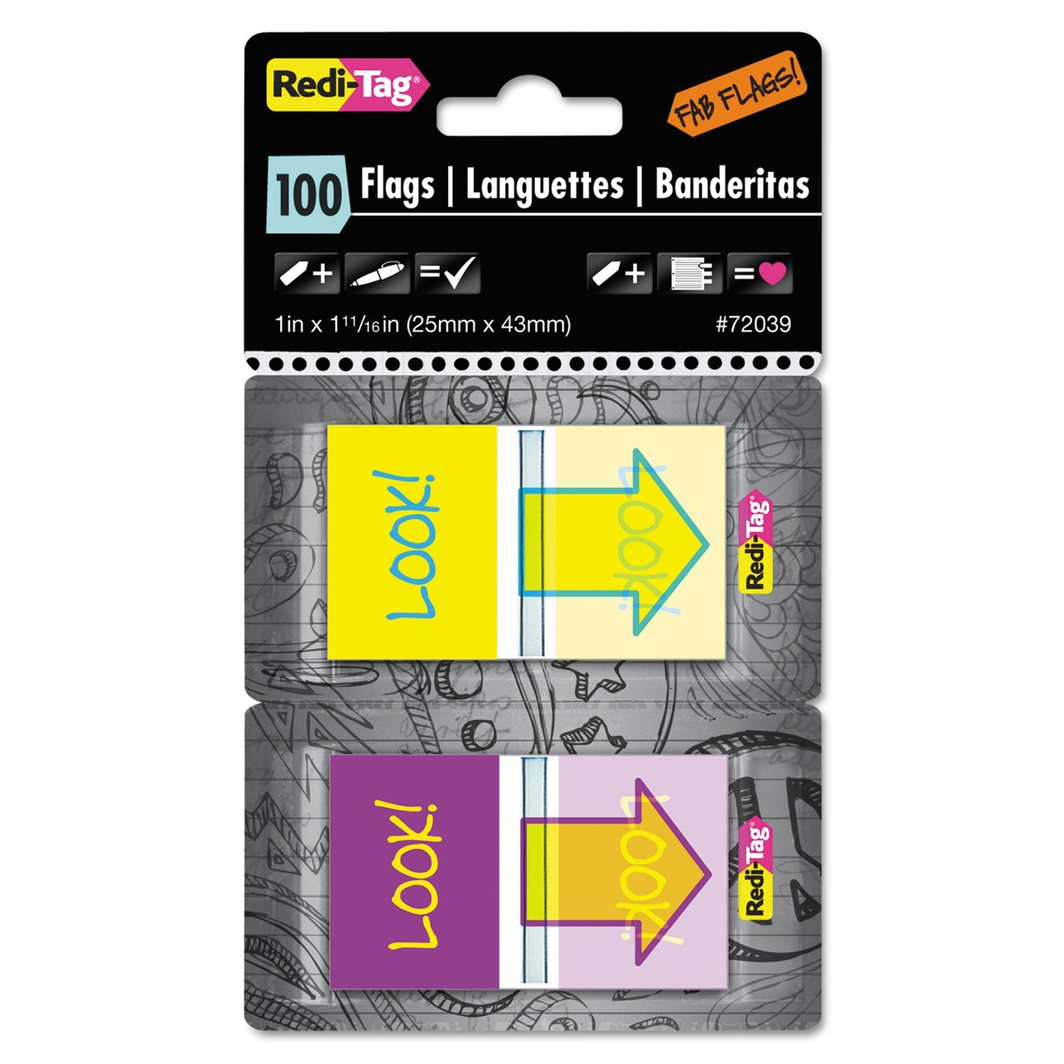 Redi-Tag® Pop-Up Fab Page Flags W/dispenser, "look!", Purple/yellow; Yellow/teal, 100/pack - Bloom Skins