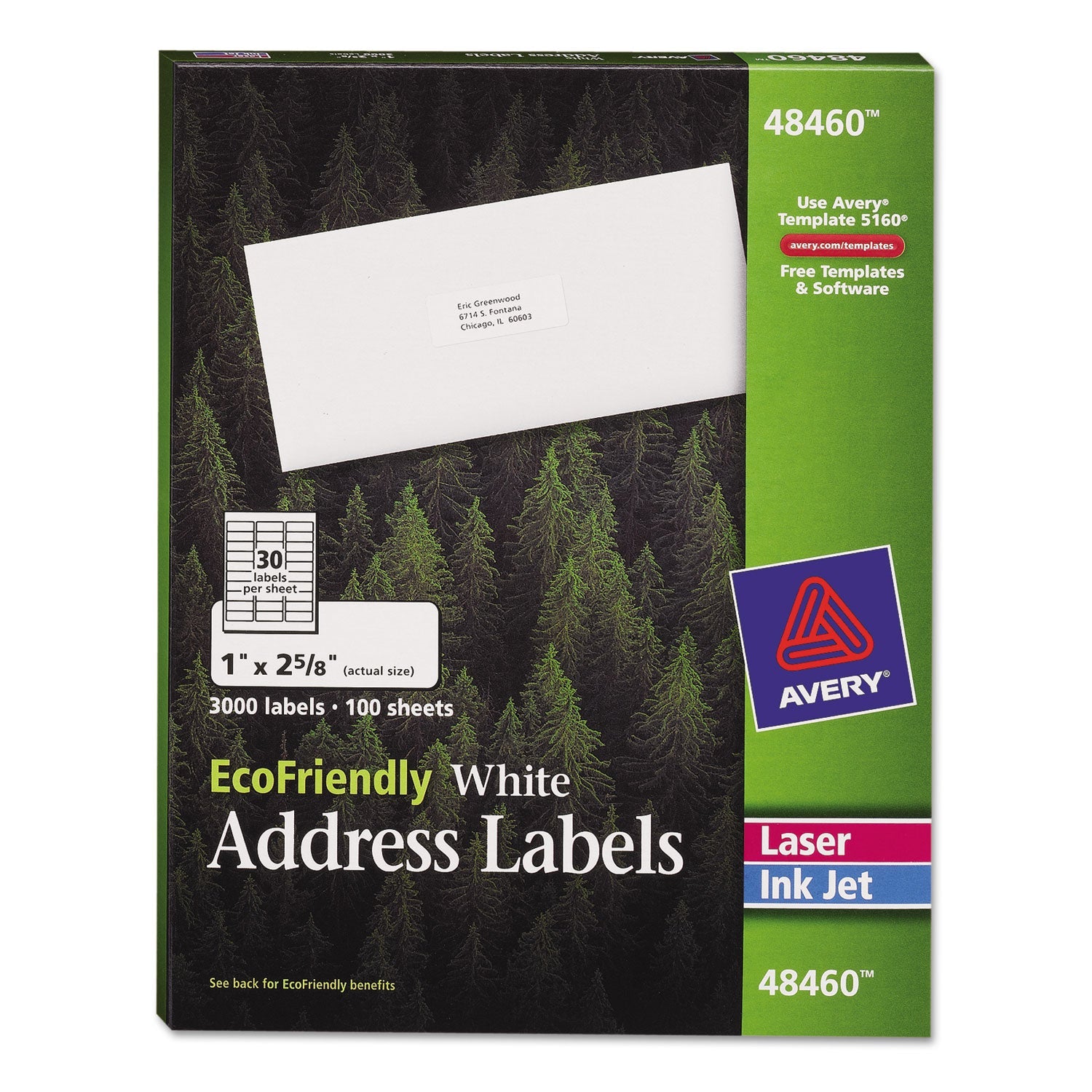 Avery® Ecofriendly Mailing Labels, Inkjet/laser Printers, 1 X 2.63, White, 30/sheet, 100 Sheets/pack