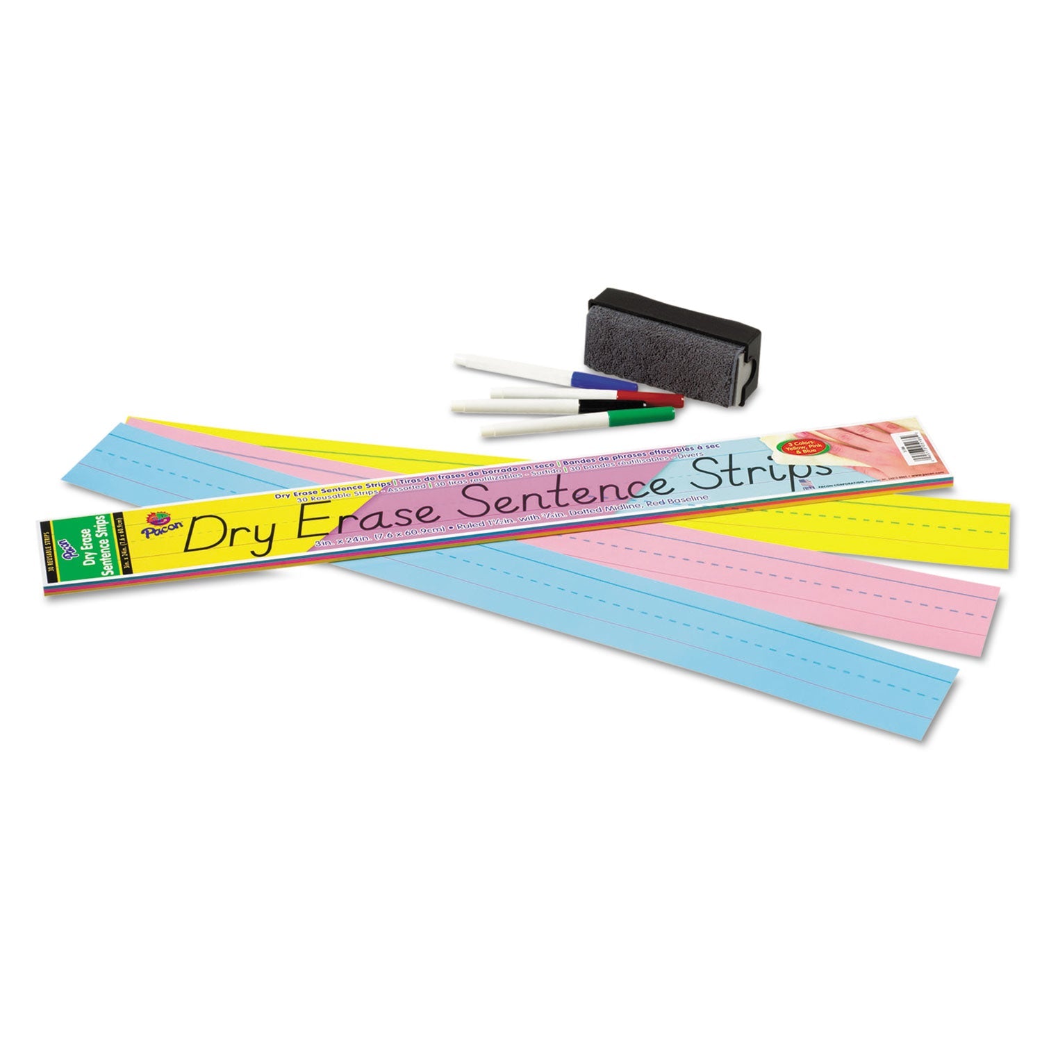 Pacon® Dry Erase Sentence Strips, 24 X 3, Blue; Pink; Yellow, 30/pack