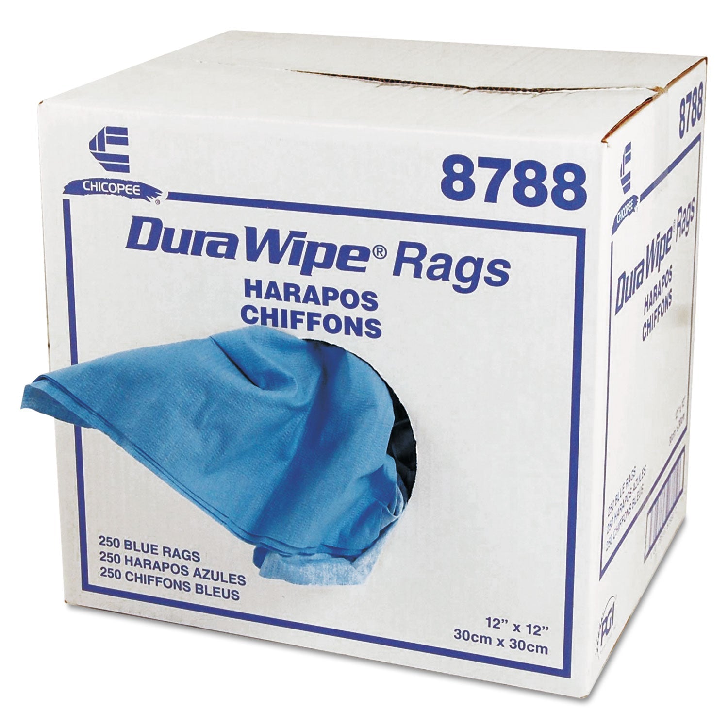 Chix® DuraWipe General Purpose Towels, 1-Ply, 12 x 12, Unscented, Blue, 250/Carton
