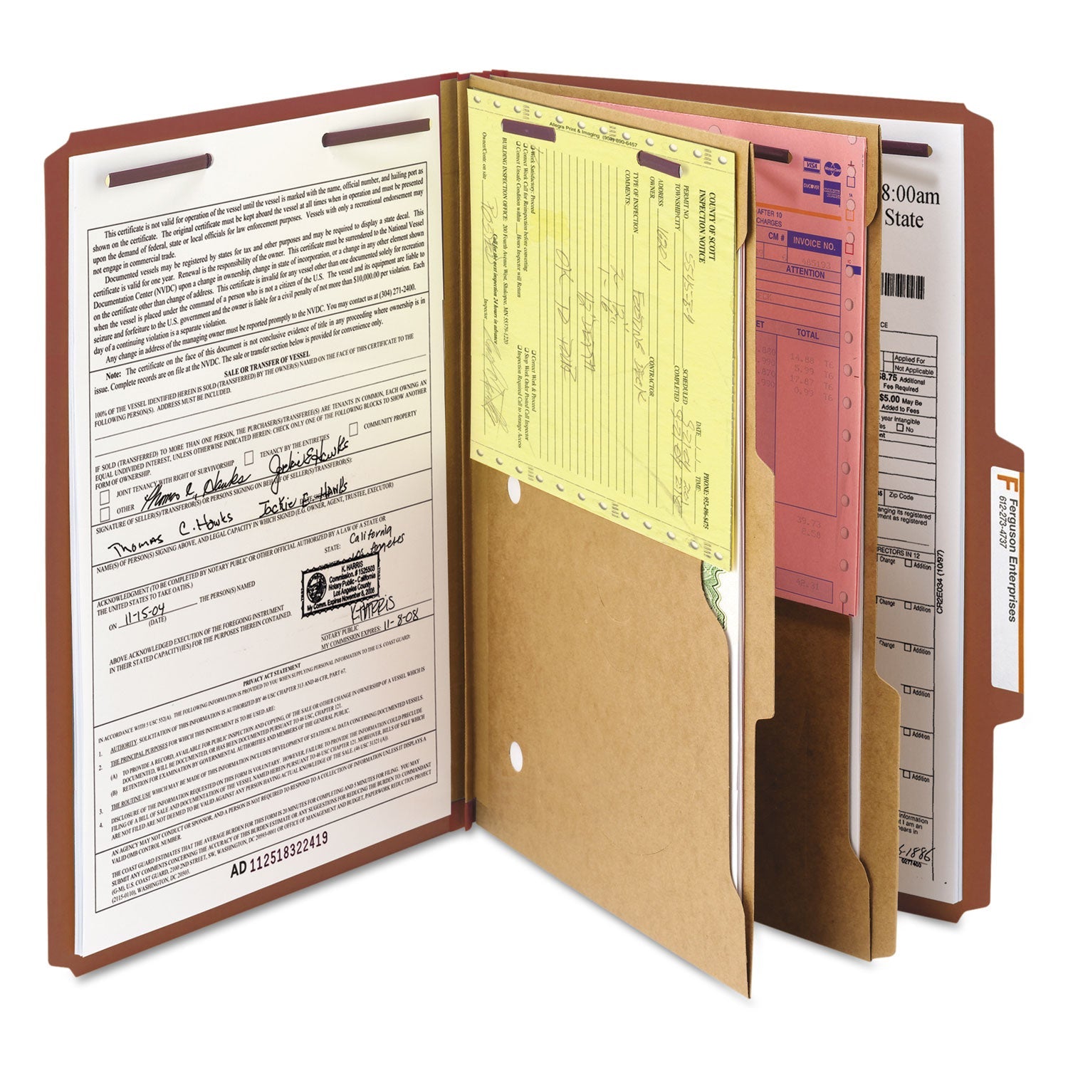 Smead 6-Section Pressboard Top Tab Pocket Classification Folders, 6 SafeSHIELD Fasteners, 2 Dividers, Legal Size, Red, 10/Box