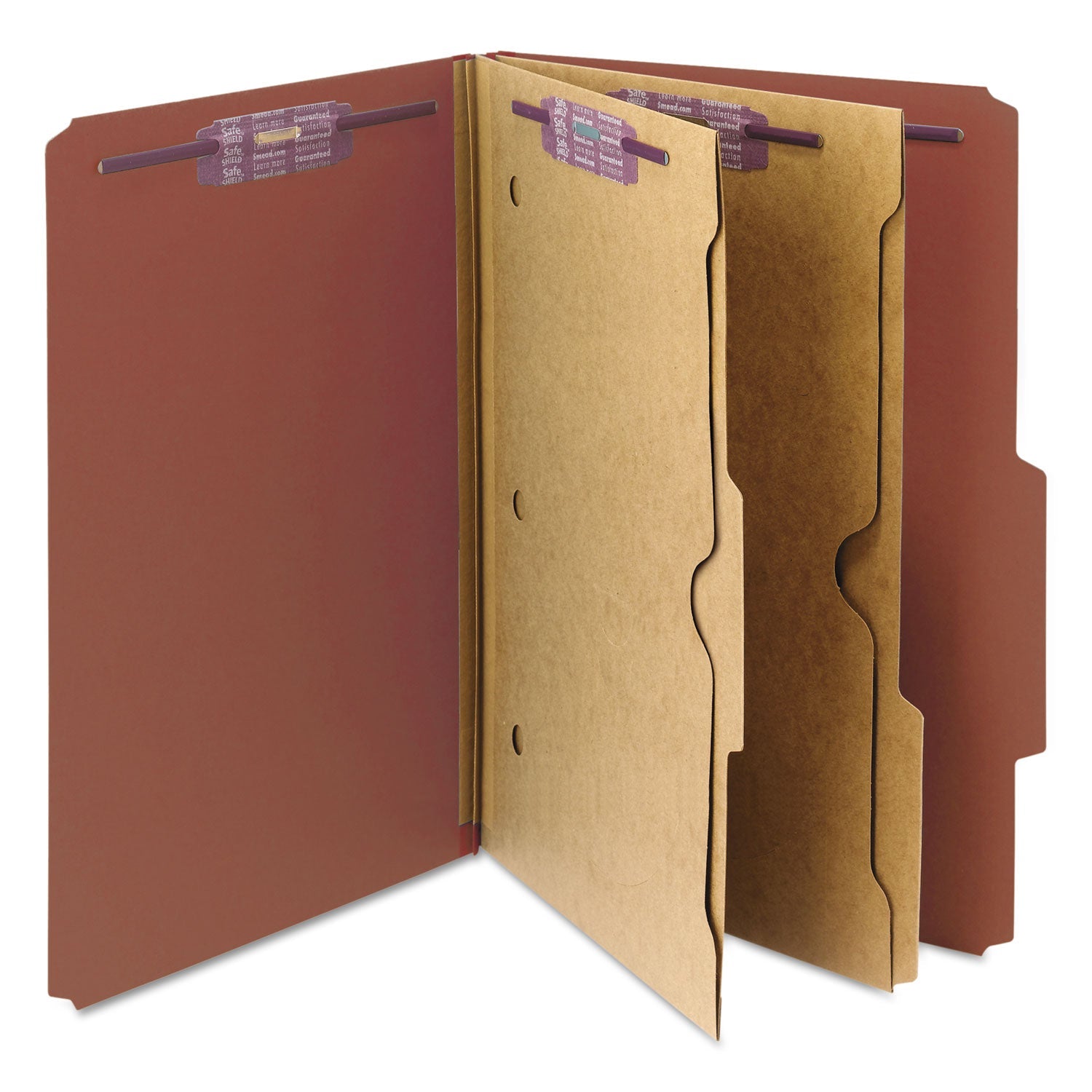 Smead 6-Section Pressboard Top Tab Pocket Classification Folders, 6 SafeSHIELD Fasteners, 2 Dividers, Legal Size, Red, 10/Box