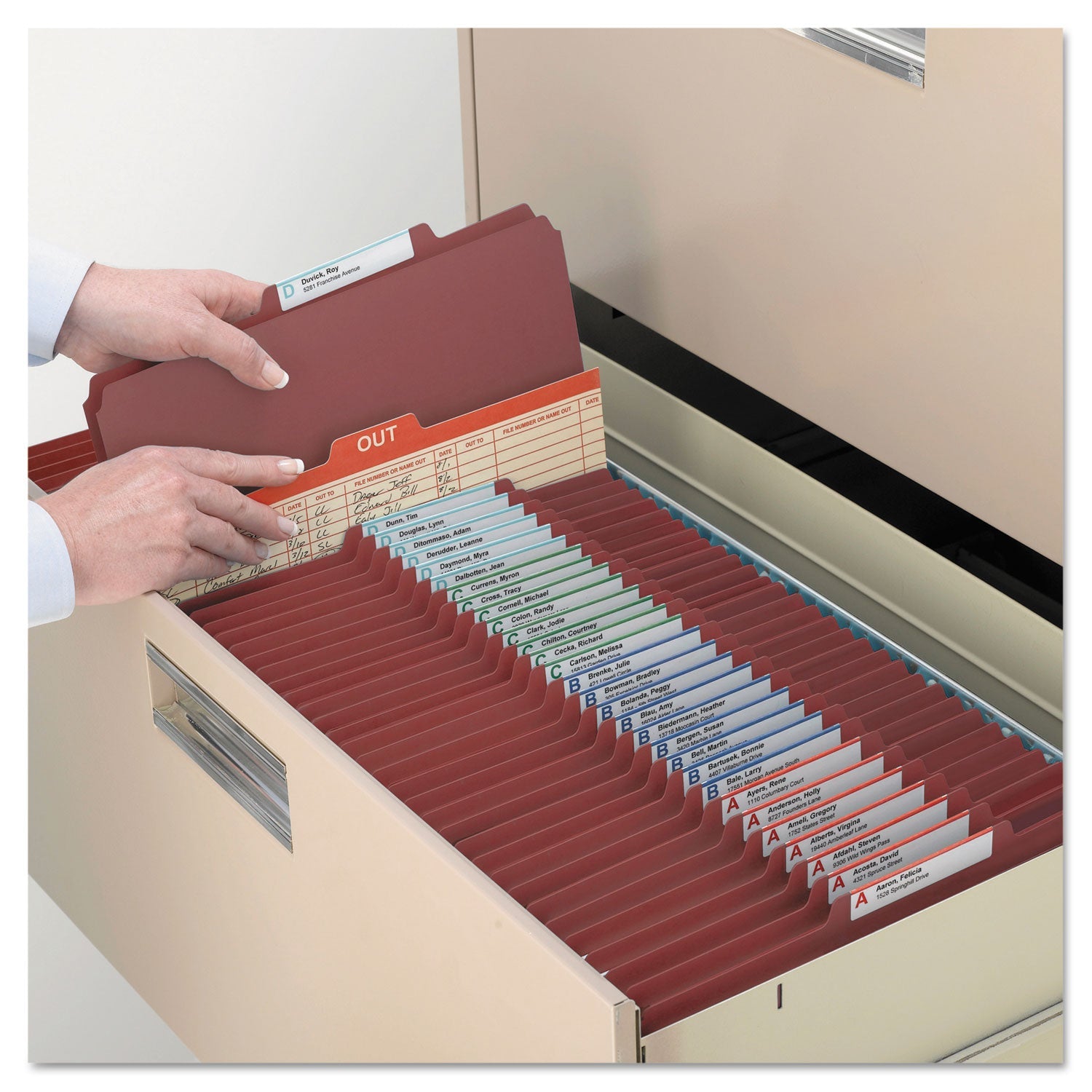 Smead 6-Section Pressboard Top Tab Pocket Classification Folders, 6 SafeSHIELD Fasteners, 2 Dividers, Legal Size, Red, 10/Box
