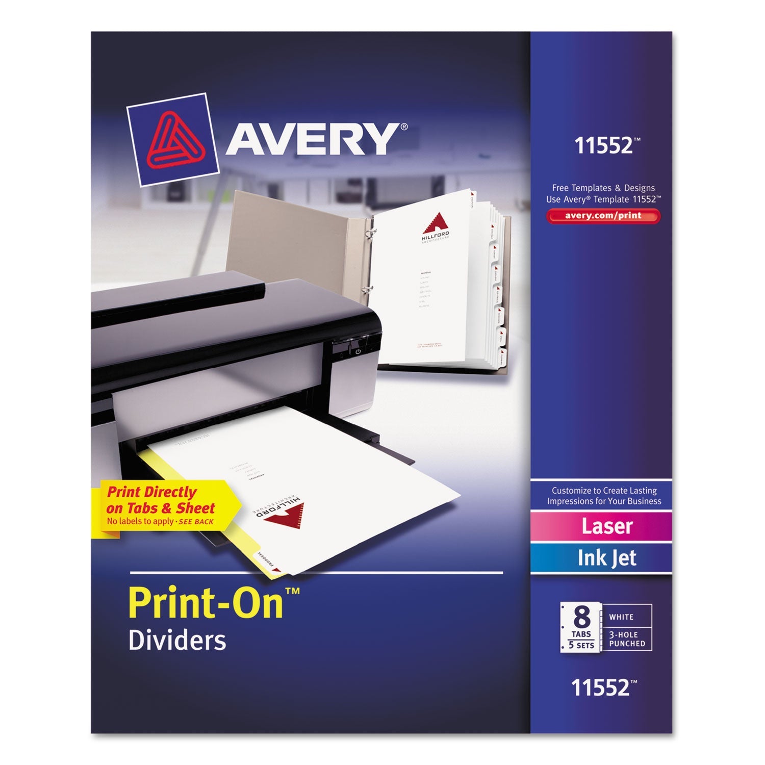 Avery® Customizable Print-On Dividers, 3-Hole Punched, 8-Tab, 11 x 8.5, White, 5 Sets