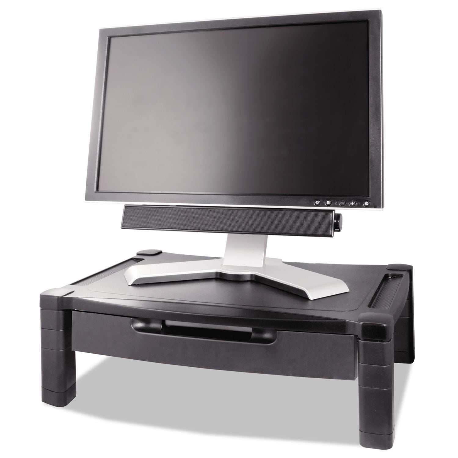 Kantek Wide Deluxe Two-Level Monitor Stand With Drawer, 20" X 13.25" X 3" To 6.5", Black, Supports 50 Lbs