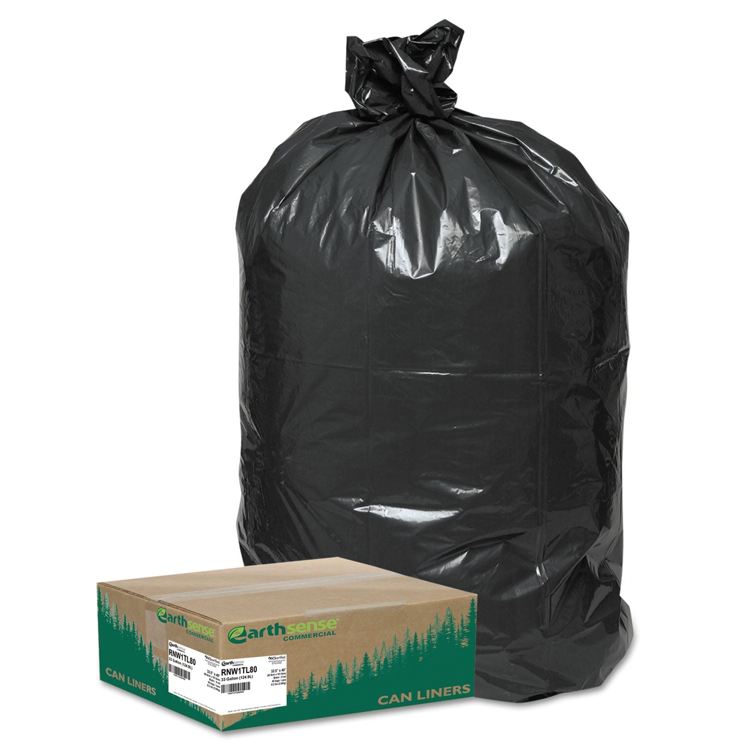 Earthsense® Commercial Linear Low Density Large Trash and Yard Bags, Open-Face, 33 gal, 0.9 mil, 32.5" x 40", Black, 80/Carton