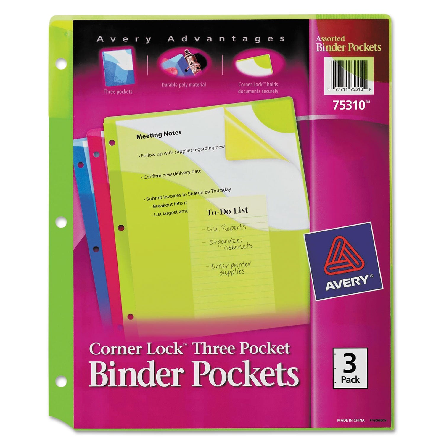 Avery® Corner Lock Three-Pocket Binder Pocket, 9.25 x 11.25, Assorted Color, 3/Pack