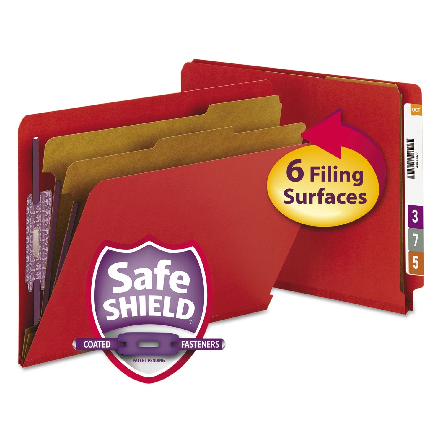 Smead End Tab Pressboard Classification Folders, Six SafeSHIELD Fasteners, 2" Expansion, 2 Dividers, Letter Size, Bright Red, 10/BX