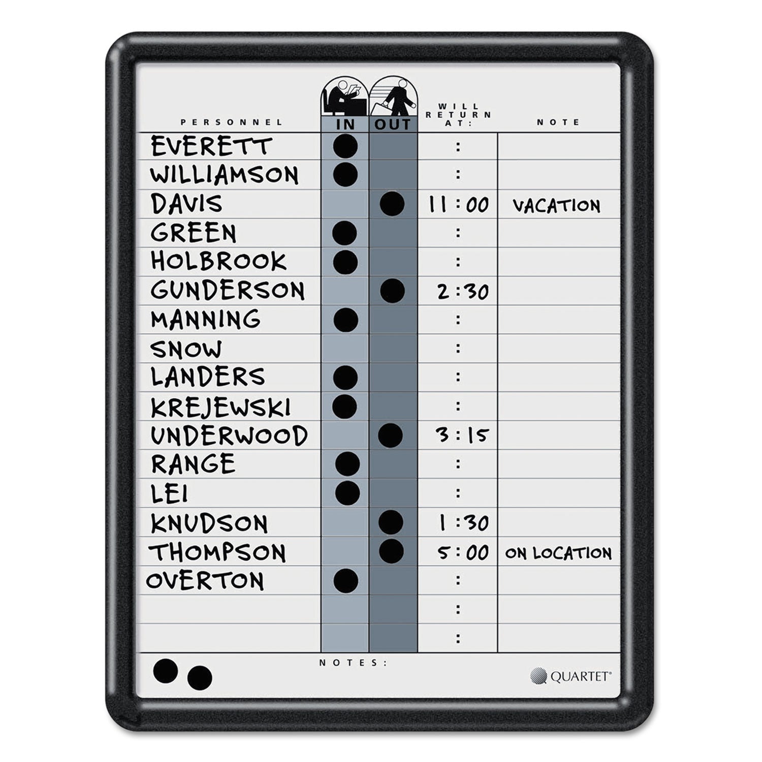 Quartet® Employee In/Out Board, Personnel In/Out Tracking Chart, 11" x 14", White/Gray Surface, Black Plastic Frame