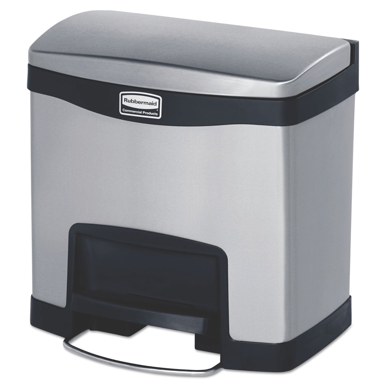 Rubbermaid® Commercial Slim Jim Stainless Steel Step-On Container, Front Step Style, 4 gal, Stainless Steel, Black