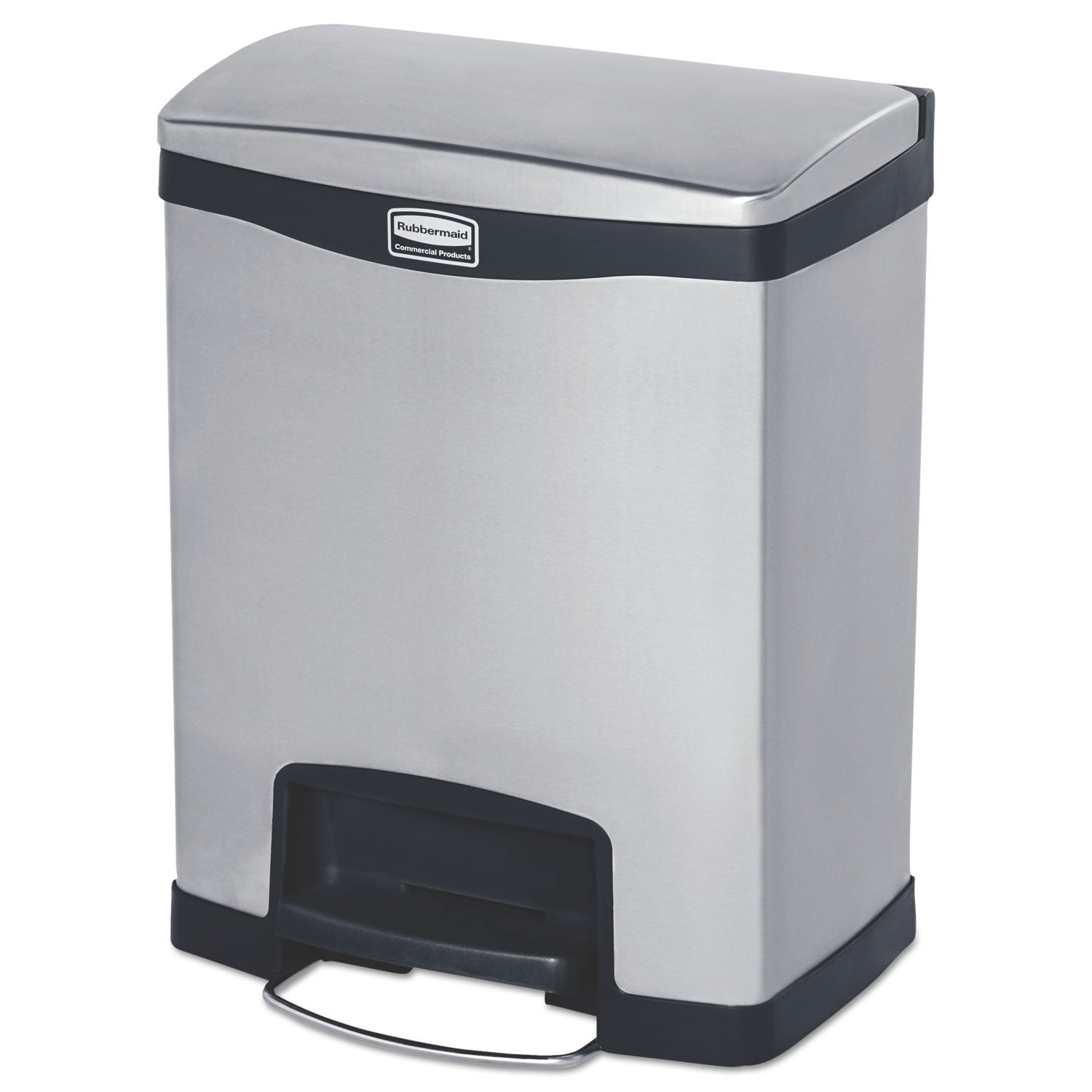Rubbermaid® Commercial Slim Jim Stainless Steel Step-On Container, Front Step Style, 8 gal, Stainless Steel, Black