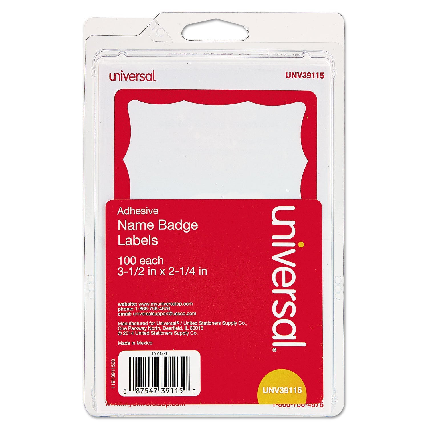 Universal® Border-Style Self-Adhesive Name Badges, 3 1/2 X 2 1/4, White/red, 100/pack