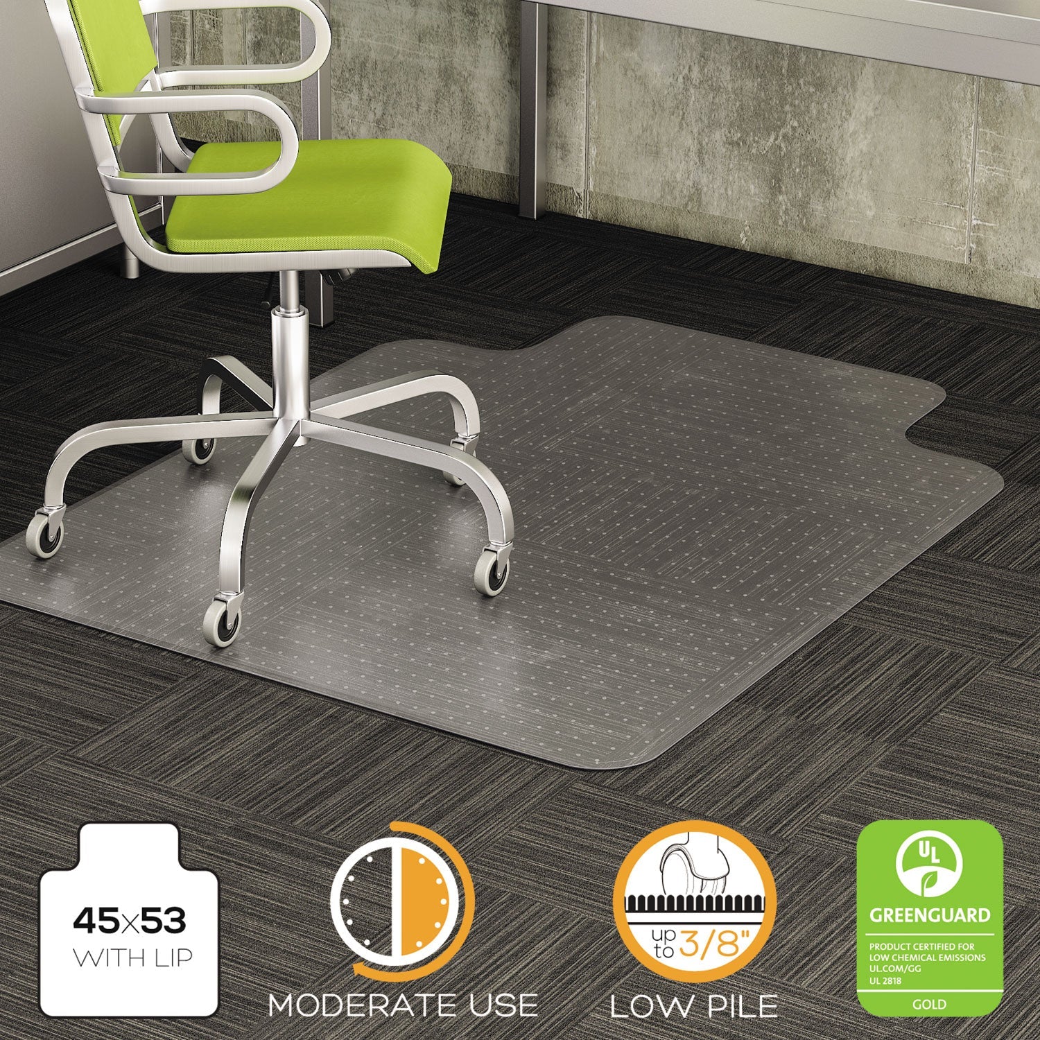 deflecto® Duramat Moderate Use Chair Mat For Low Pile Carpet, 45 X 53, Wide Lipped, Clear