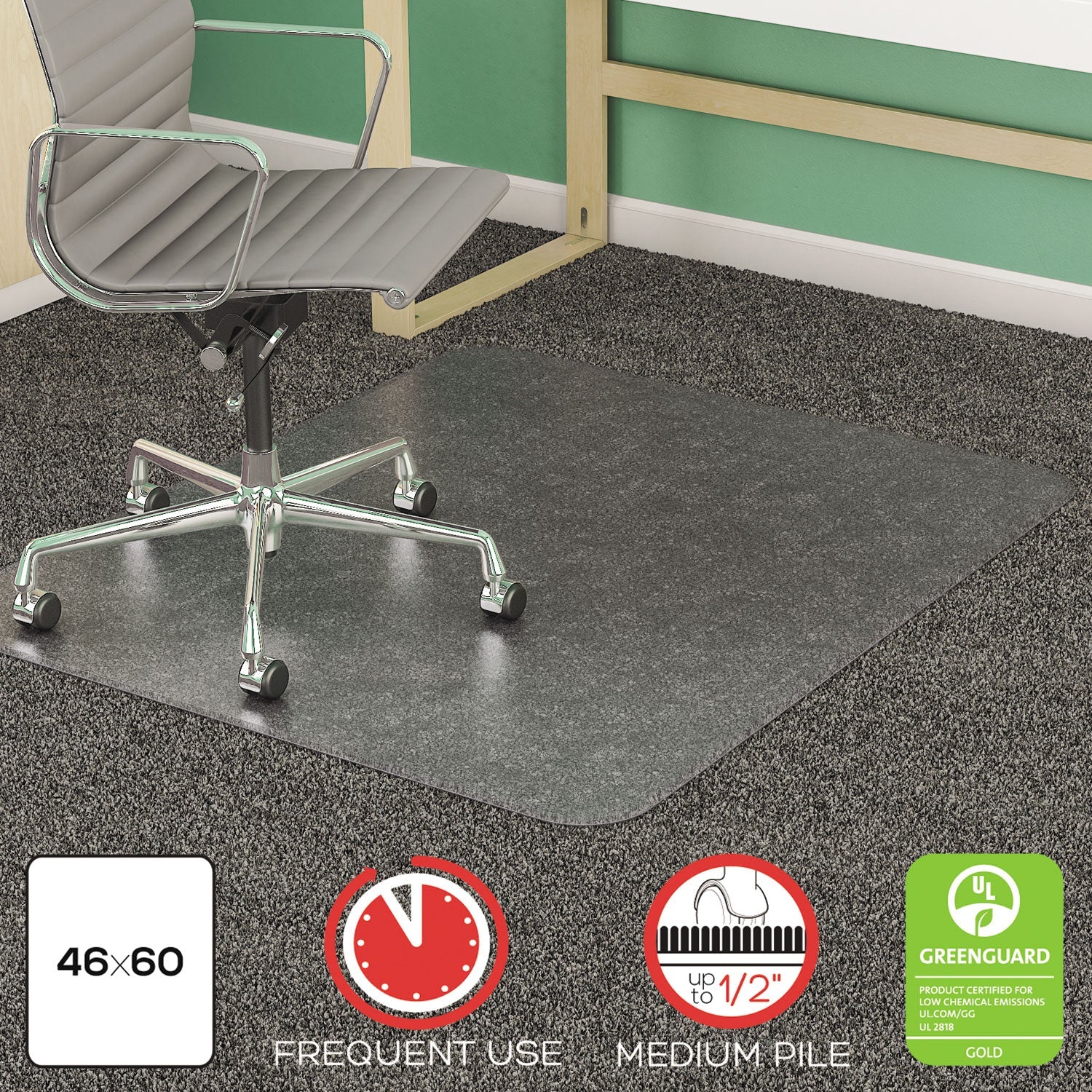 deflecto® Supermat Frequent Use Chair Mat, Medium Pile Carpet, Flat, 46 X 60, Rectangle, Clear
