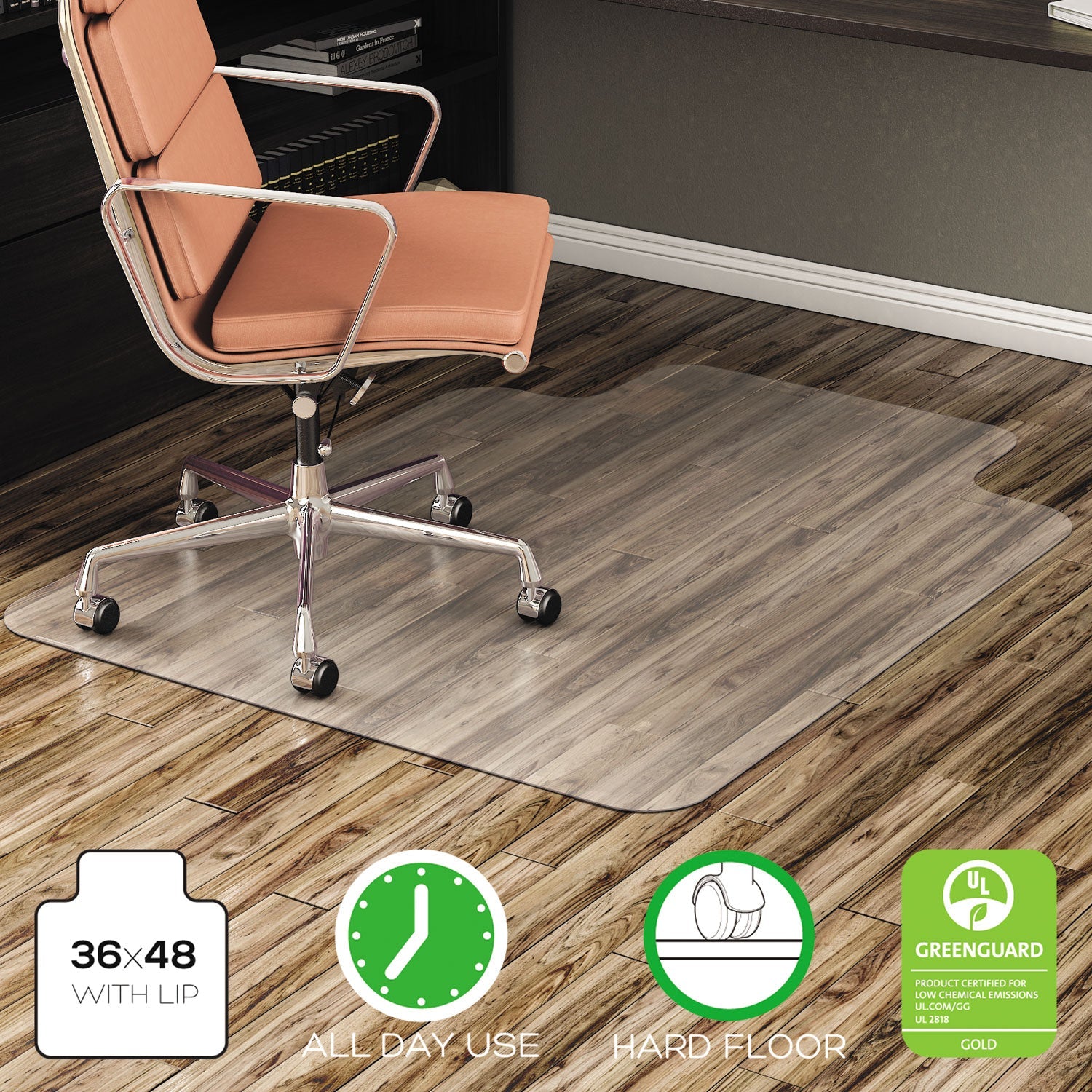 deflecto® EconoMat All Day Use Chair Mat for Hard Floors, Flat Packed, 36 x 48, Lipped, Clear