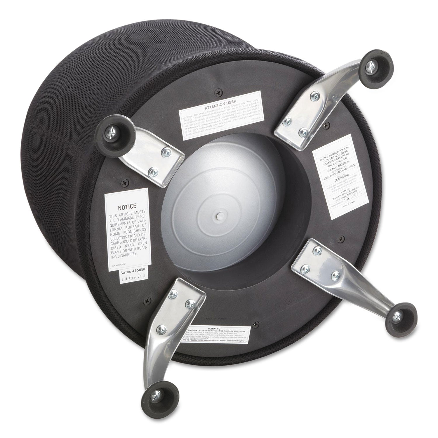 Safco® Zenergy Ball Chair, Backless, Supports Up To 250 Lb, Black Vinyl Seat, Silver Base