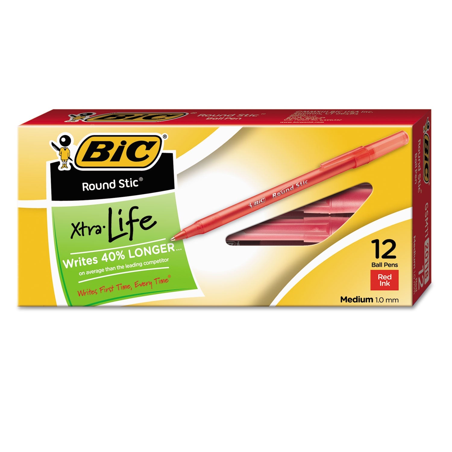 BIC® Round Stic Xtra Life Ballpoint Pen, Stick, Medium 1 Mm, Red Ink, Translucent Red Barrel, Dozen