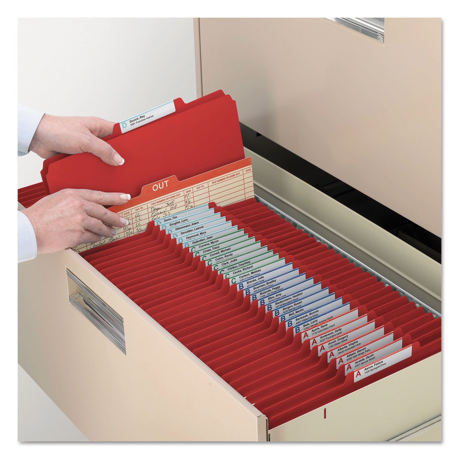 Smead Four-Section Pressboard Top Tab Classification Folders, Four SafeSHIELD Fasteners, 1 Divider, Letter Size, Bright Red, 10/Box