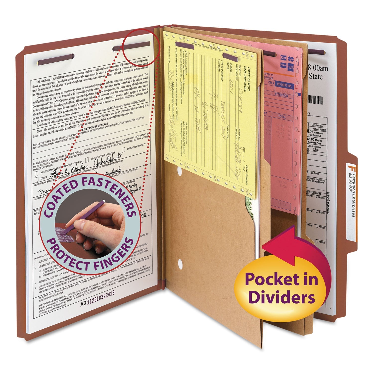 Smead 6-Section Pressboard Top Tab Pocket Classification Folders, 6 SafeSHIELD Fasteners, 2 Dividers, Legal Size, Red, 10/Box