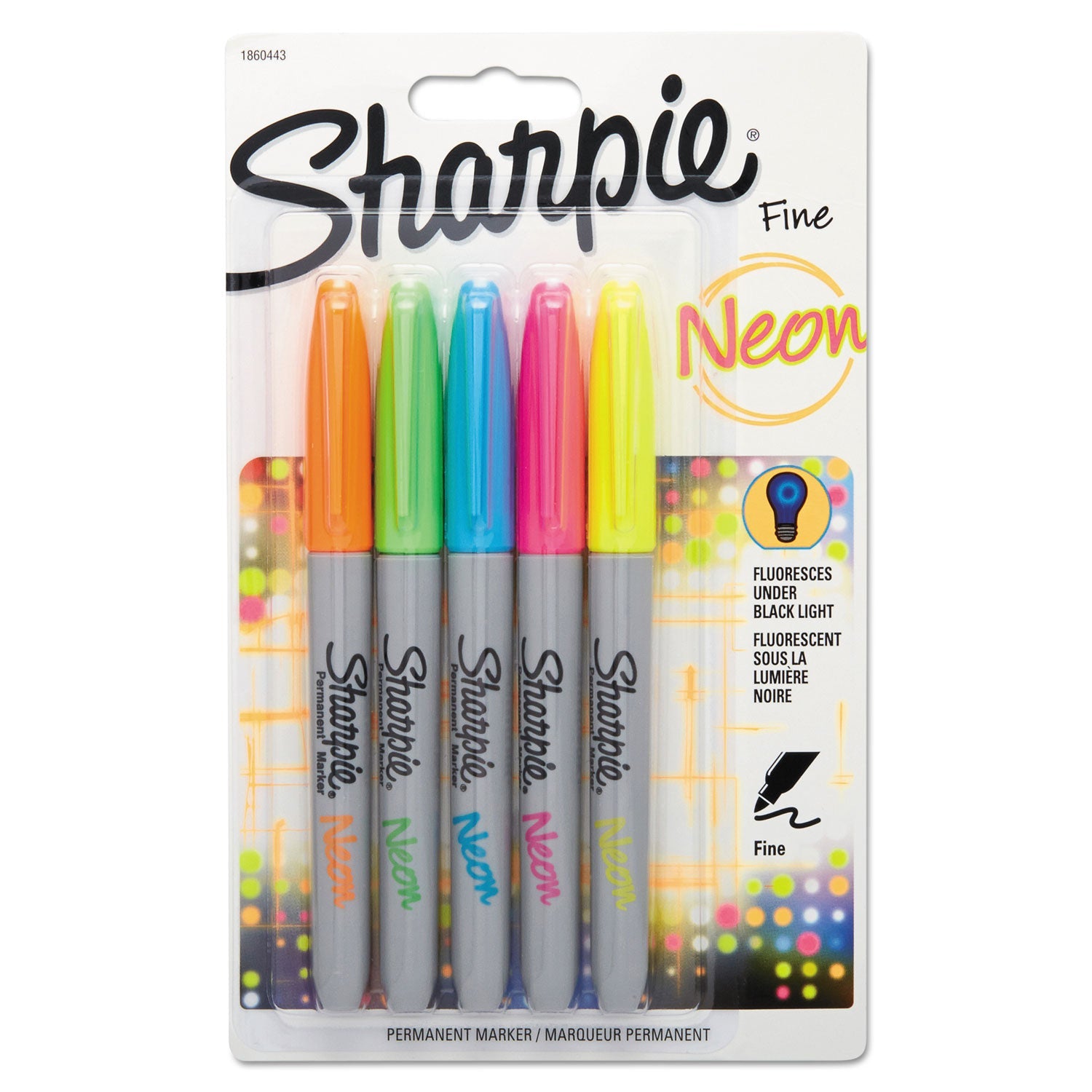 Sharpie® Neon Permanent Markers, Fine Bullet Tip, Assorted Colors, 5/pack