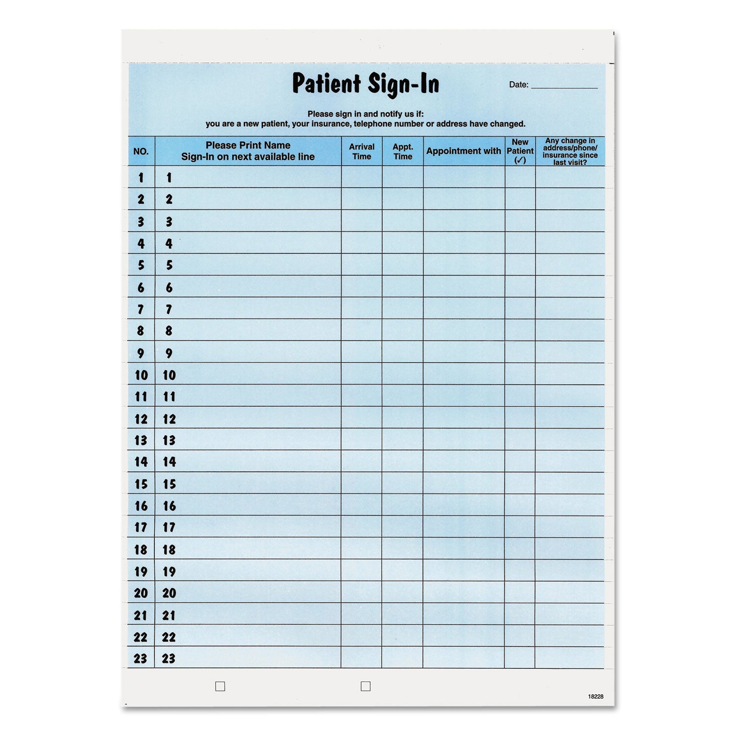 Tabbies® Patient Sign-In Label Forms, Two-Part Carbon, 8.5 x 11.63, Blue Sheets, 125 Forms Total