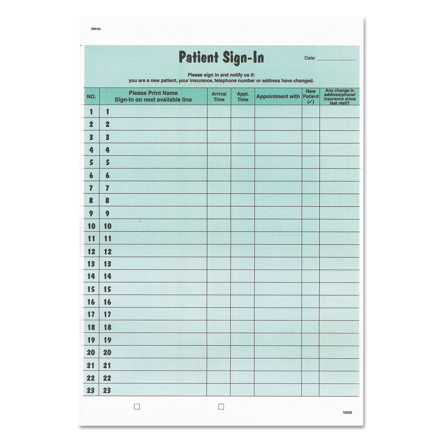 Tabbies® Patient Sign-In Label Forms, Two-Part Carbon, 8.5 x 11.63, Green Sheets, 125 Forms Total