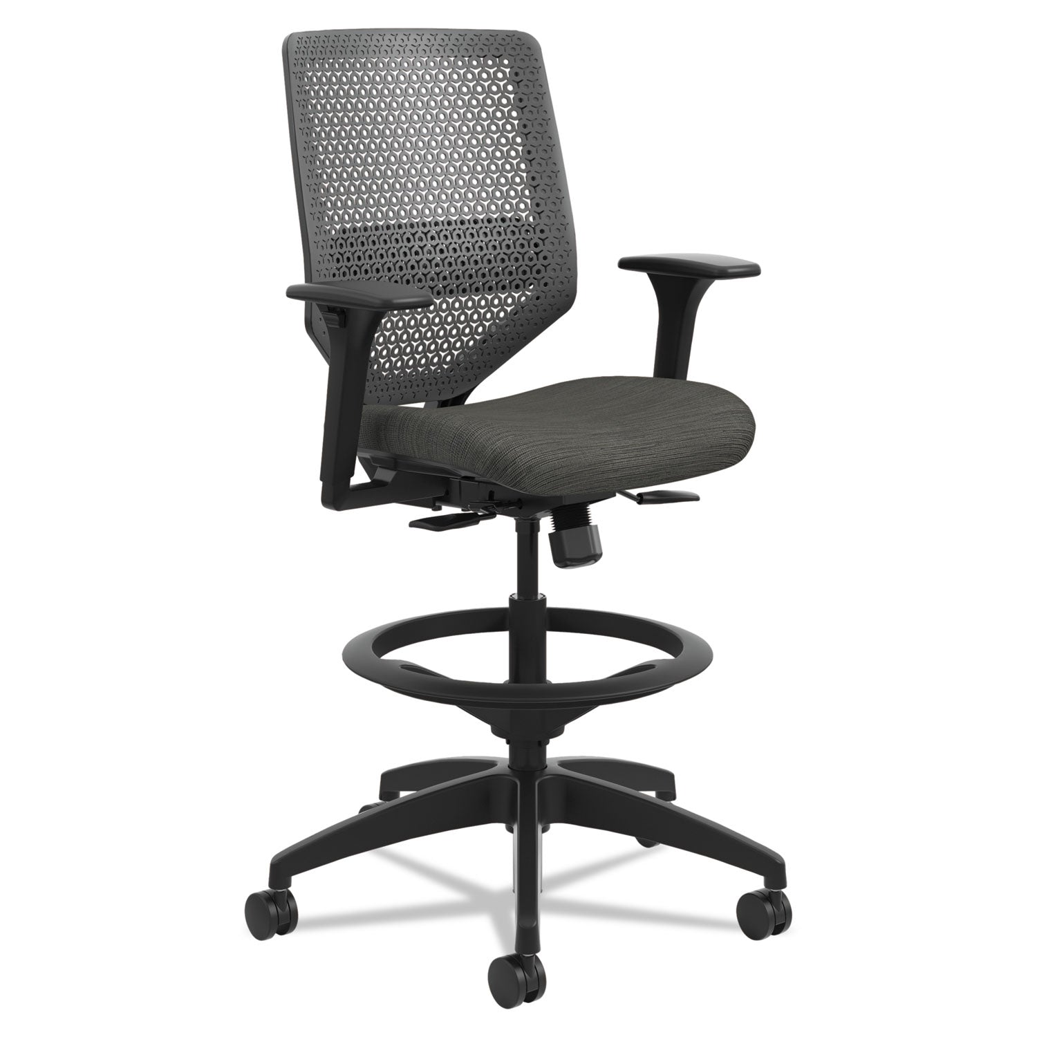 HON® Solve Series Reactiv Back Task Stool, Supports Up To 300 Lb, 23" To 33" Seat Height, Ink Seat, Charcoal Back, Black Base