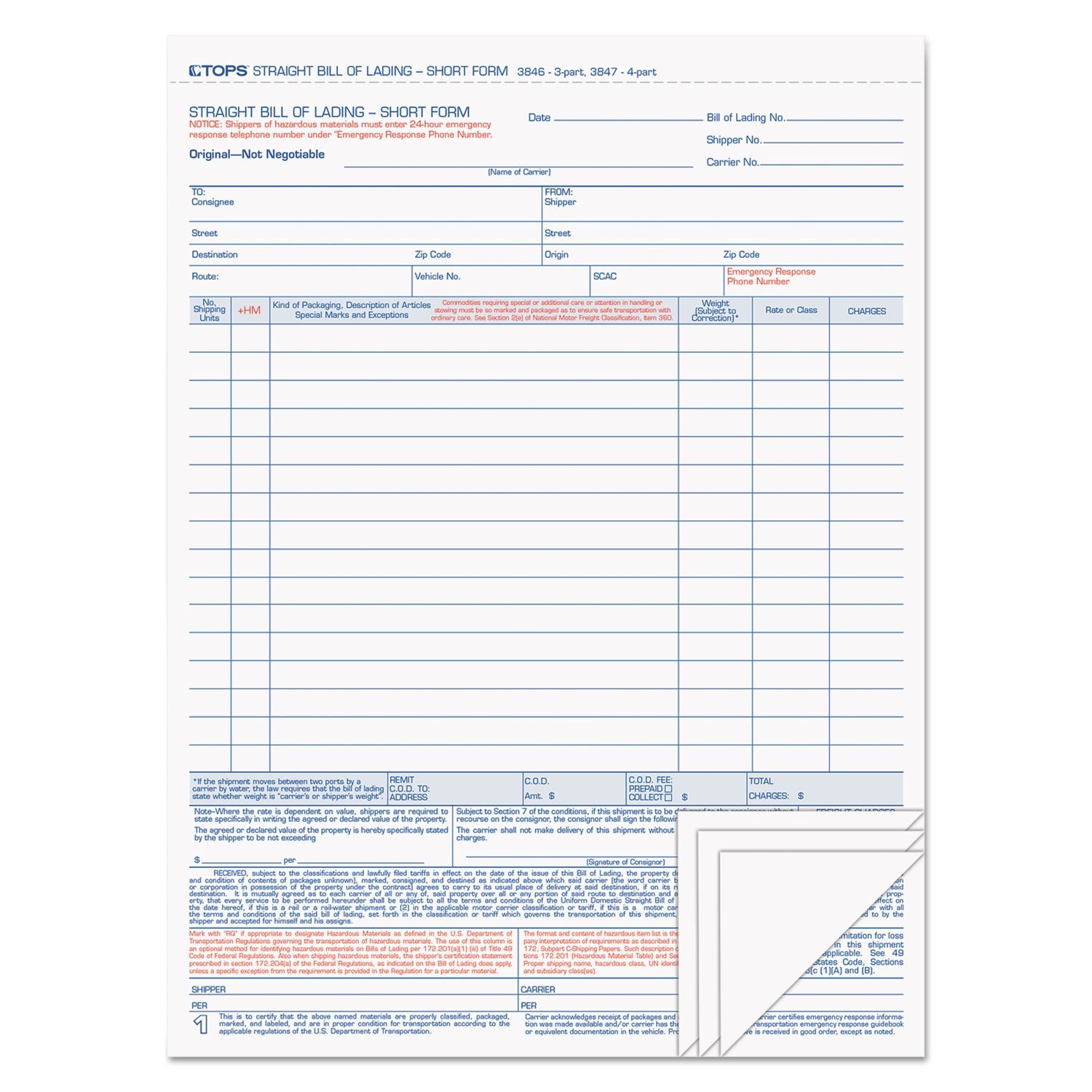 Bill of Lading | 4-Part Carbonless, 50 Forms