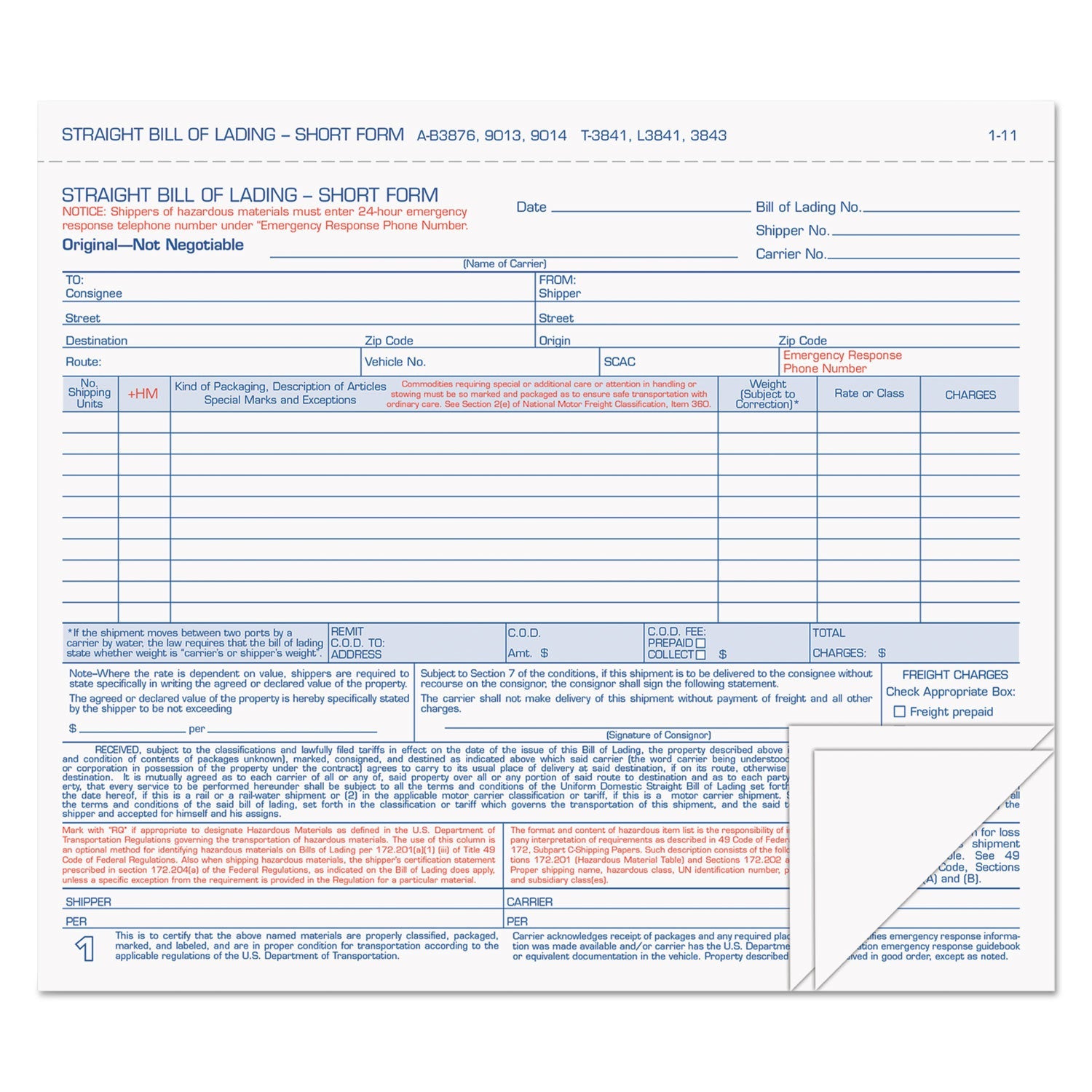 TOPS™ Hazardous Material Short Form, Three-Part Carbonless, 7 x 8.5, 50 Forms Total