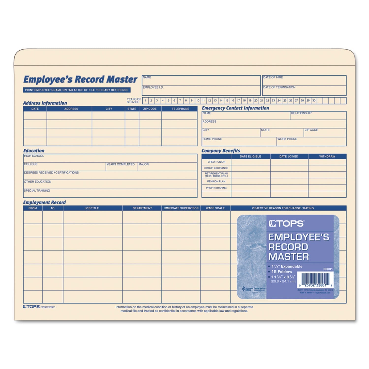 TOPS Employee Record Master File Jacket | 15/Pack