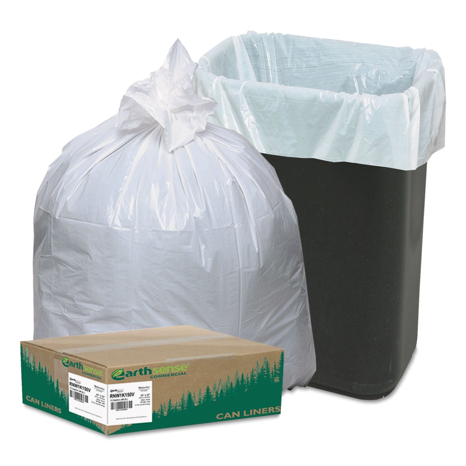 Earthsense® Commercial Linear-Low-Density Recycled Tall Kitchen Bags, Open-Face, 13 gal, 24" x 33", White, 15 Bags/Roll, 10 Rolls/Box