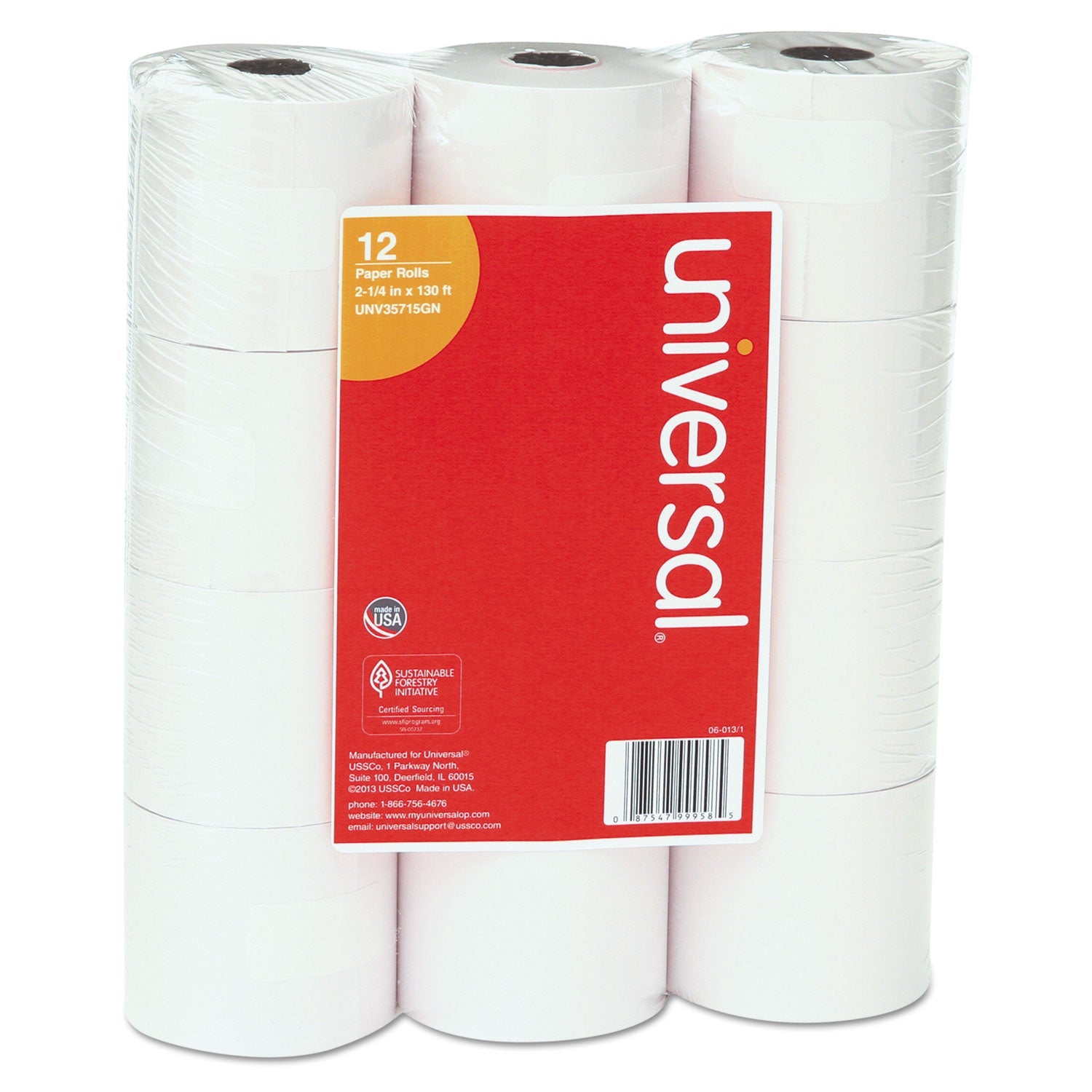 Universal® Impact And Inkjet Print Bond Paper Rolls, 0.5" Core, 2.25" X 130 Ft, White, 12/pack