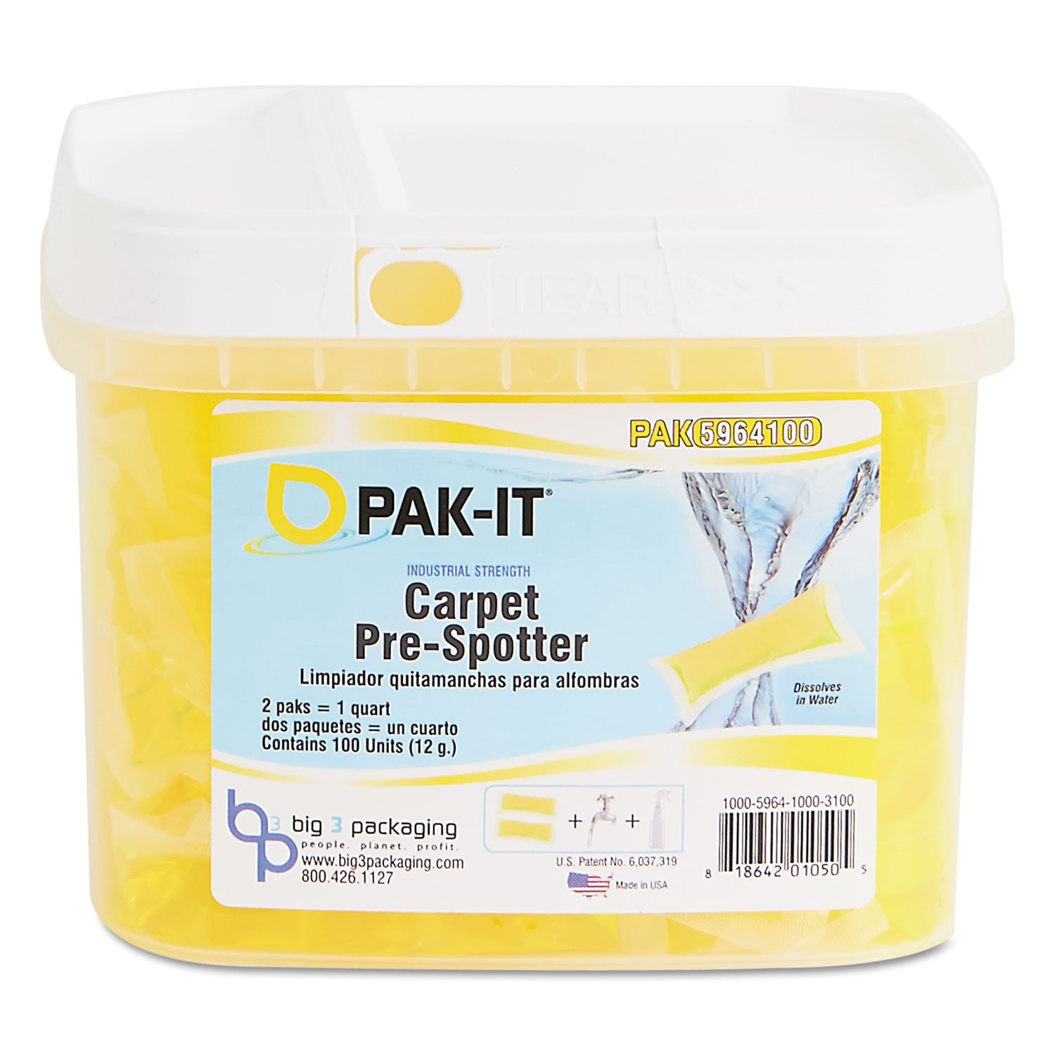 PAK-IT® Carpet Pre-Spotter, Citrus Scent, 100 Pak-Its/tub, 4 Tubs/carton
