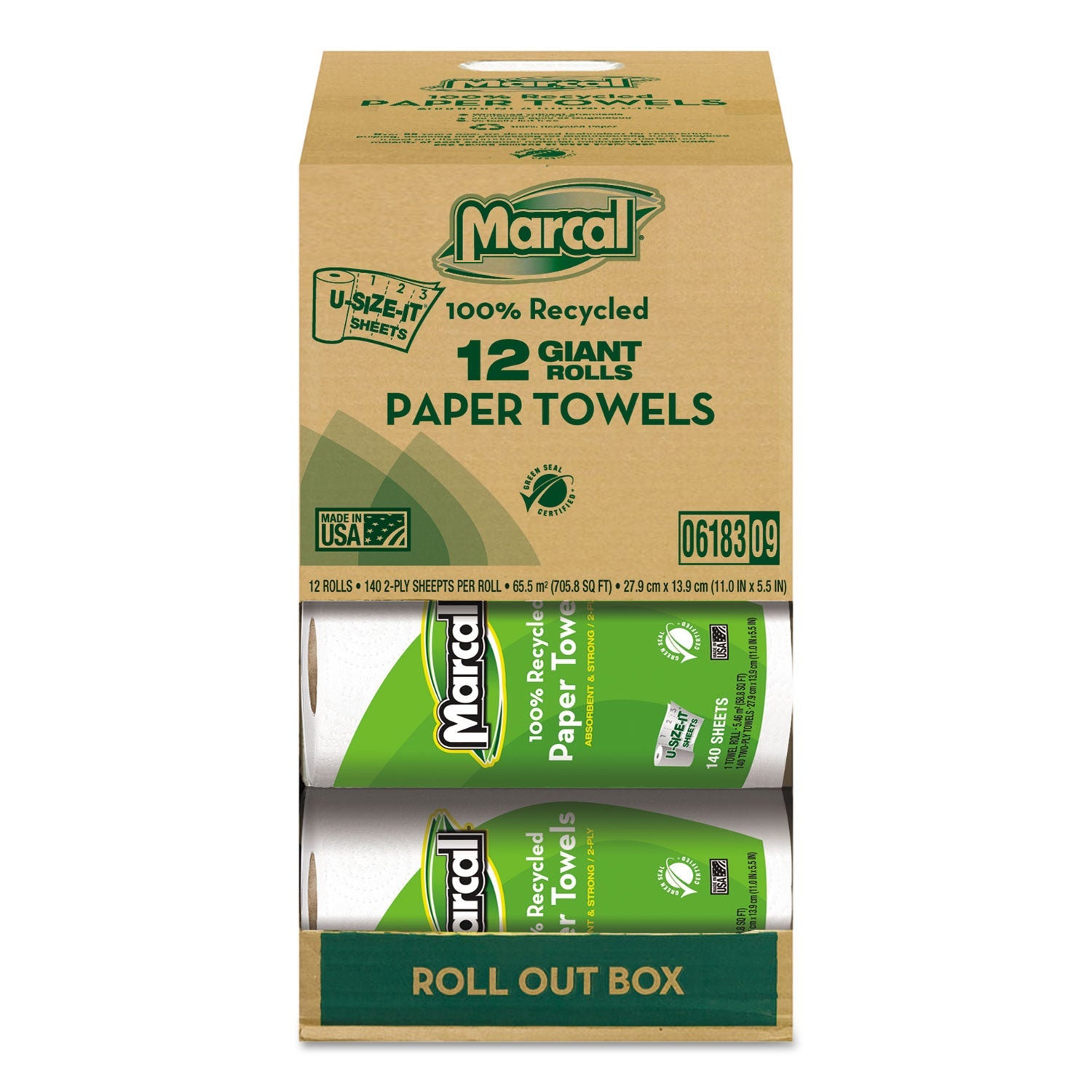 Marcal® 100% Premium Recycled Kitchen Roll Towels, Roll Out Box, 2-Ply, 11 x 5.5, White, 140 Sheets, 12 Rolls/Carton