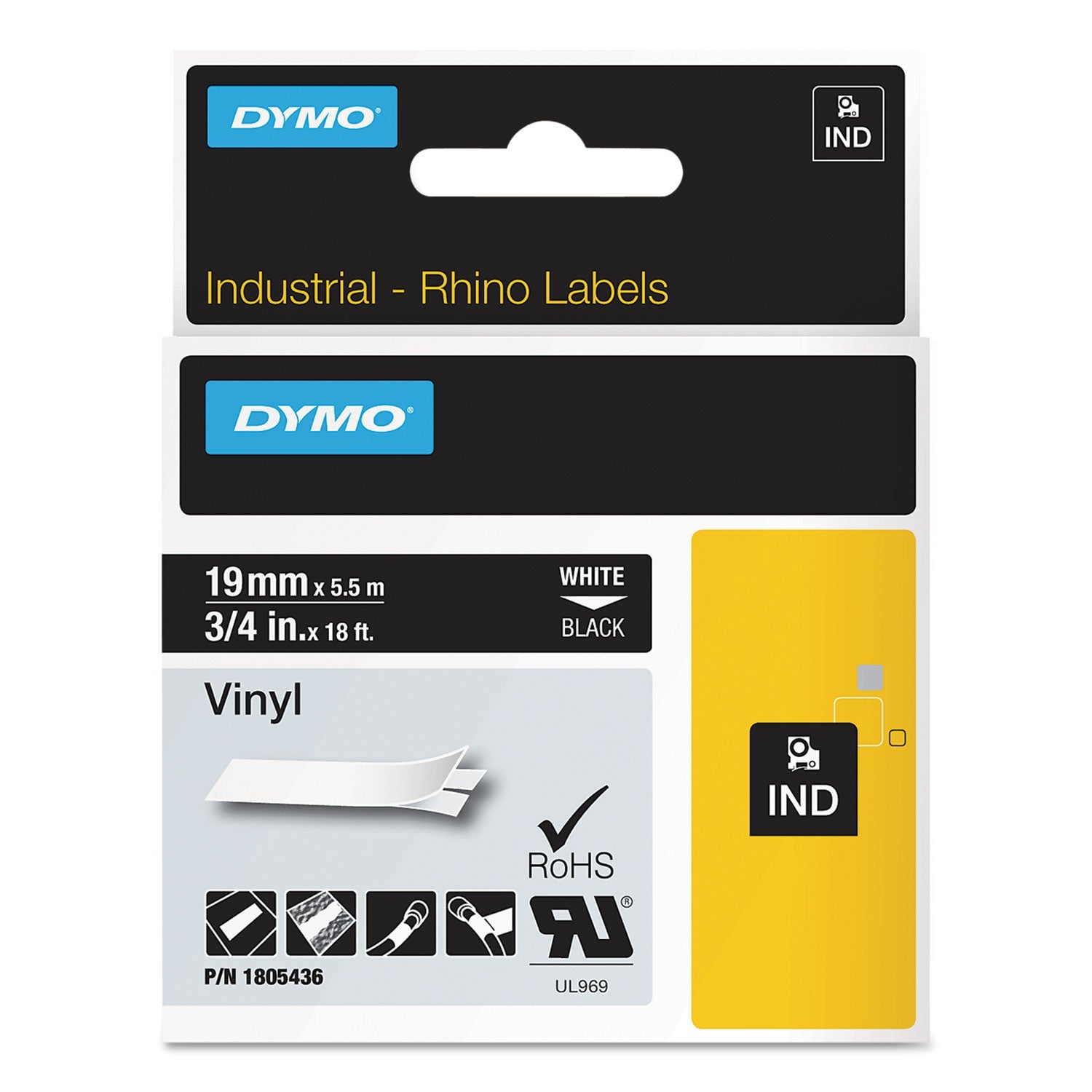 DYMO® Rhino Permanent Vinyl Industrial Label Tape, 0.75" X 18 Ft, Black/white Print