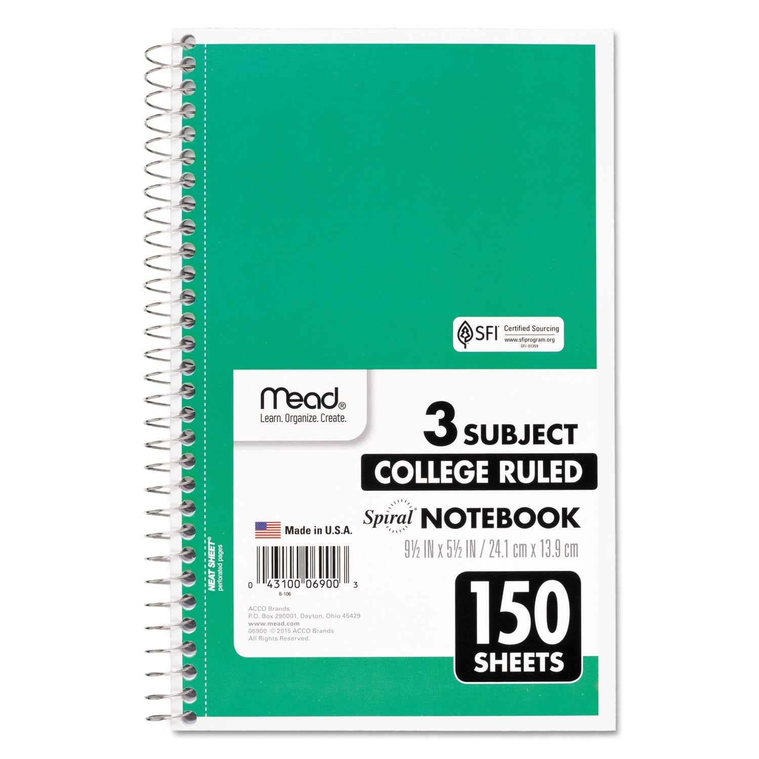 Mead® Spiral Notebook, 3-Subject, Medium/College Rule, Randomly Assorted Cover Color, (150) 9.5 x 5.5 Sheets
