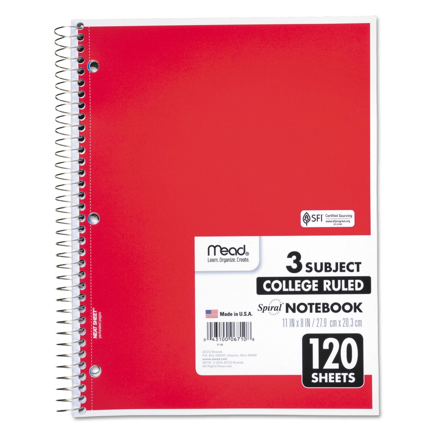 Mead® Spiral Notebook, 3-Subject, Medium/College Rule, Randomly Assorted Cover Color, (120) 11 x 8 Sheets