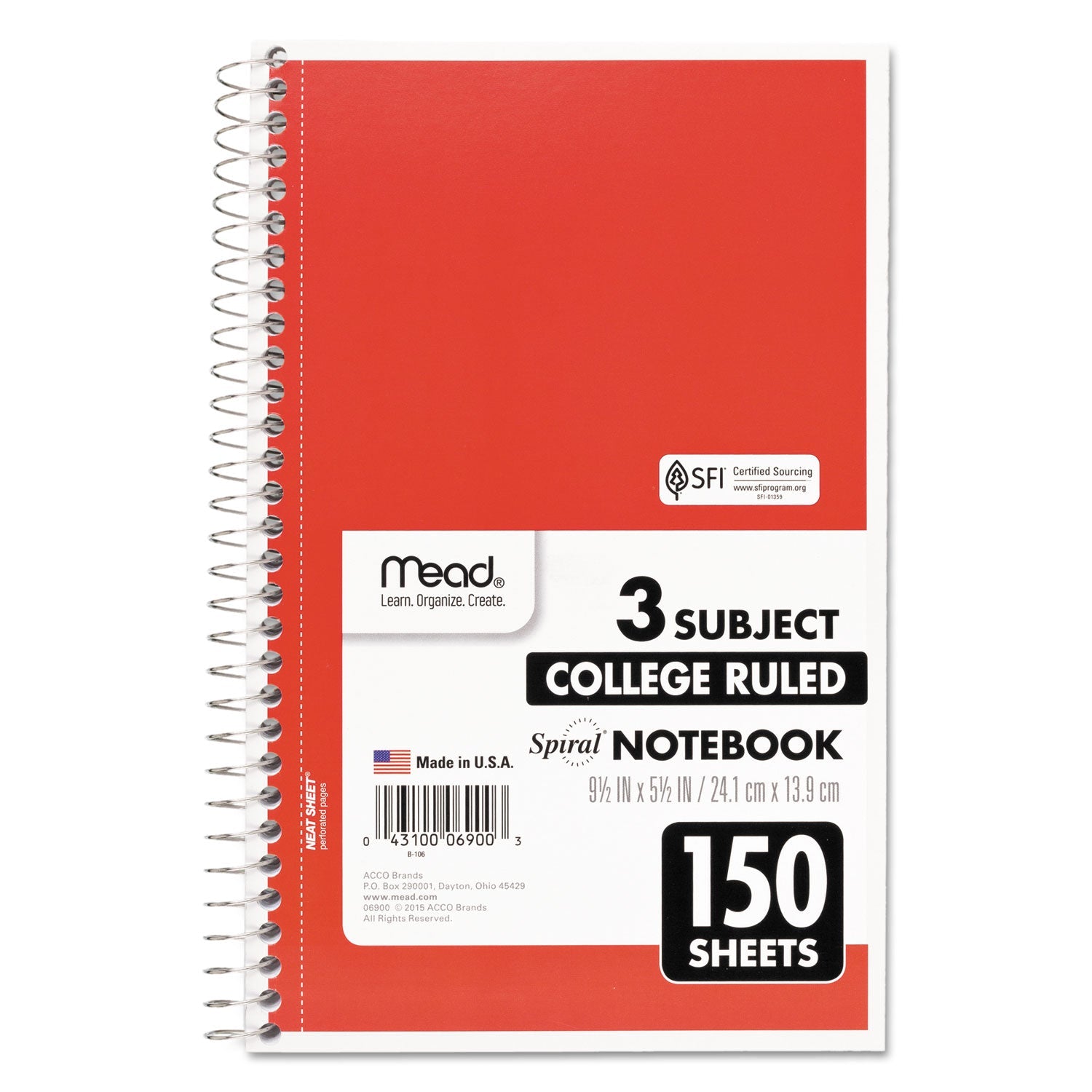 Mead® Spiral Notebook, 3-Subject, Medium/College Rule, Randomly Assorted Cover Color, (150) 9.5 x 5.5 Sheets
