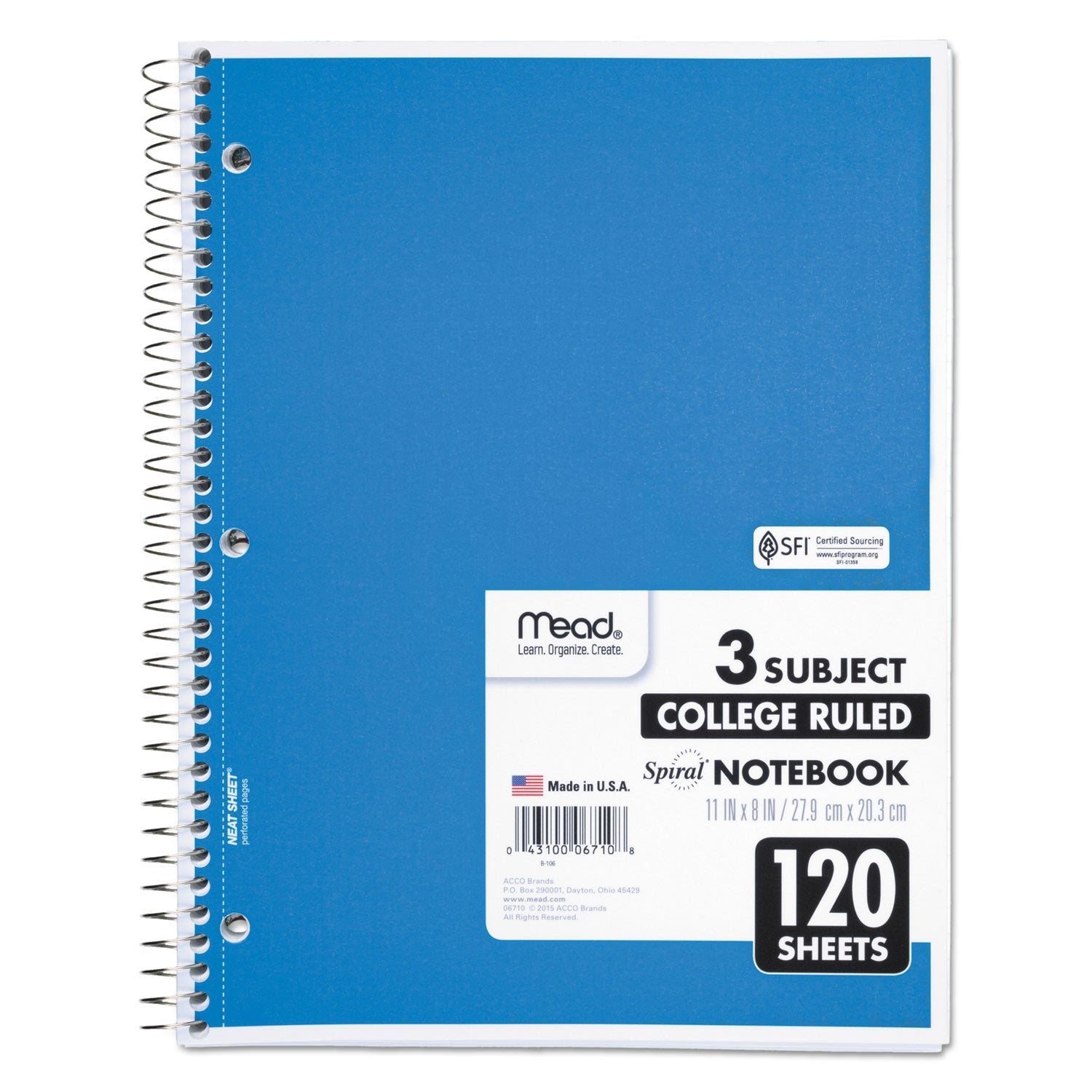 Mead® Spiral Notebook, 3-Subject, Medium/College Rule, Randomly Assorted Cover Color, (120) 11 x 8 Sheets