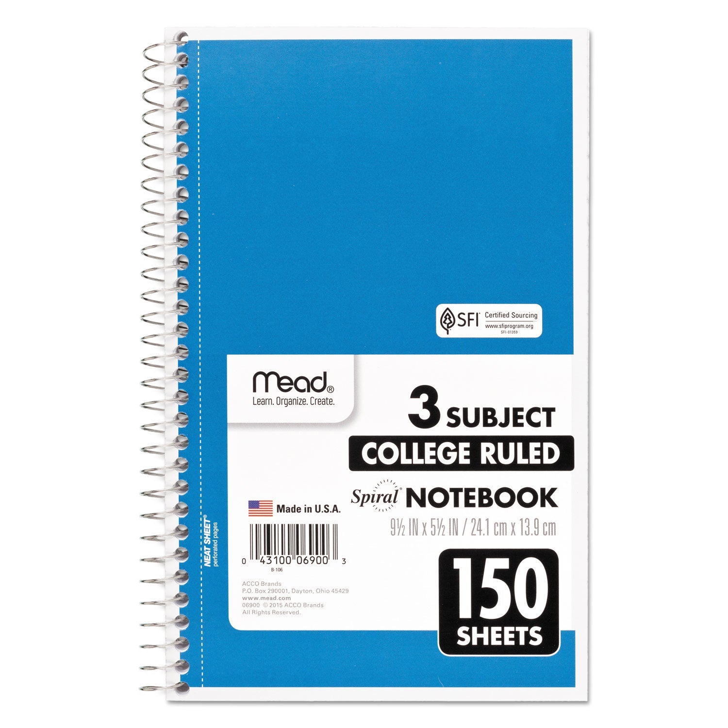 Mead® Spiral Notebook, 3-Subject, Medium/College Rule, Randomly Assorted Cover Color, (150) 9.5 x 5.5 Sheets