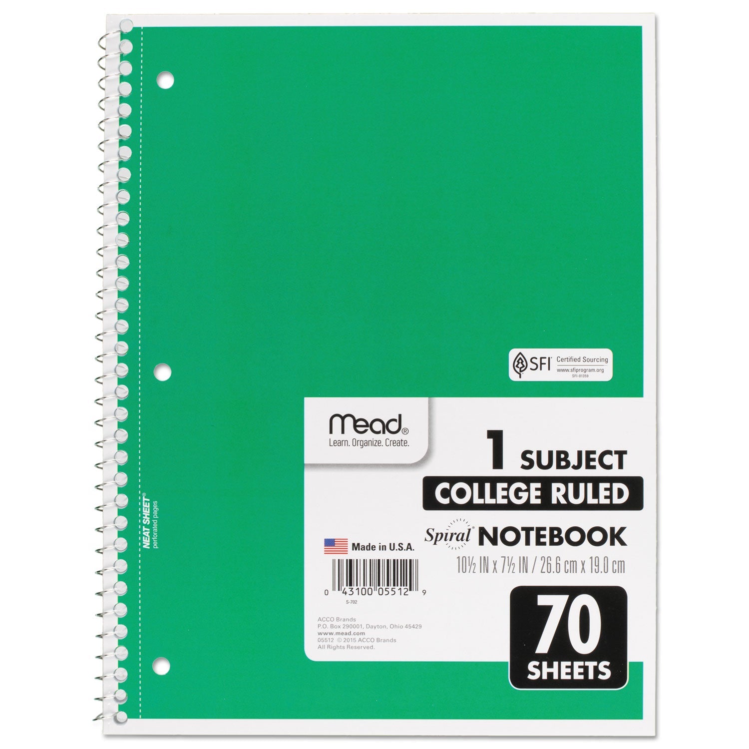 Mead® Spiral Notebook, 3-Hole Punched, 1-Subject, Medium/College Rule, Randomly Assorted Cover Color, (70) 10.5 x 7.5 Sheets
