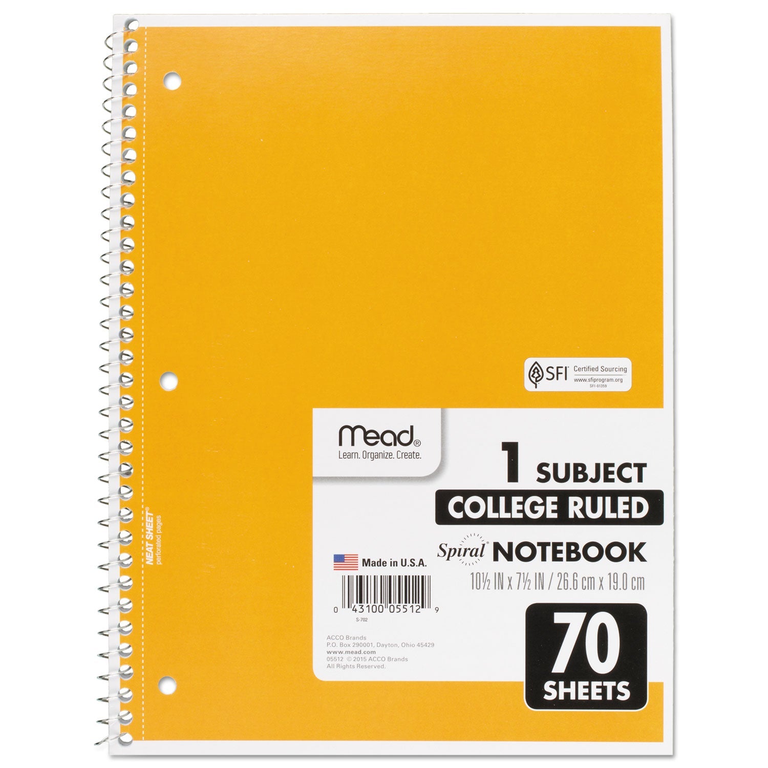 Mead® Spiral Notebook, 3-Hole Punched, 1-Subject, Medium/College Rule, Randomly Assorted Cover Color, (70) 10.5 x 7.5 Sheets