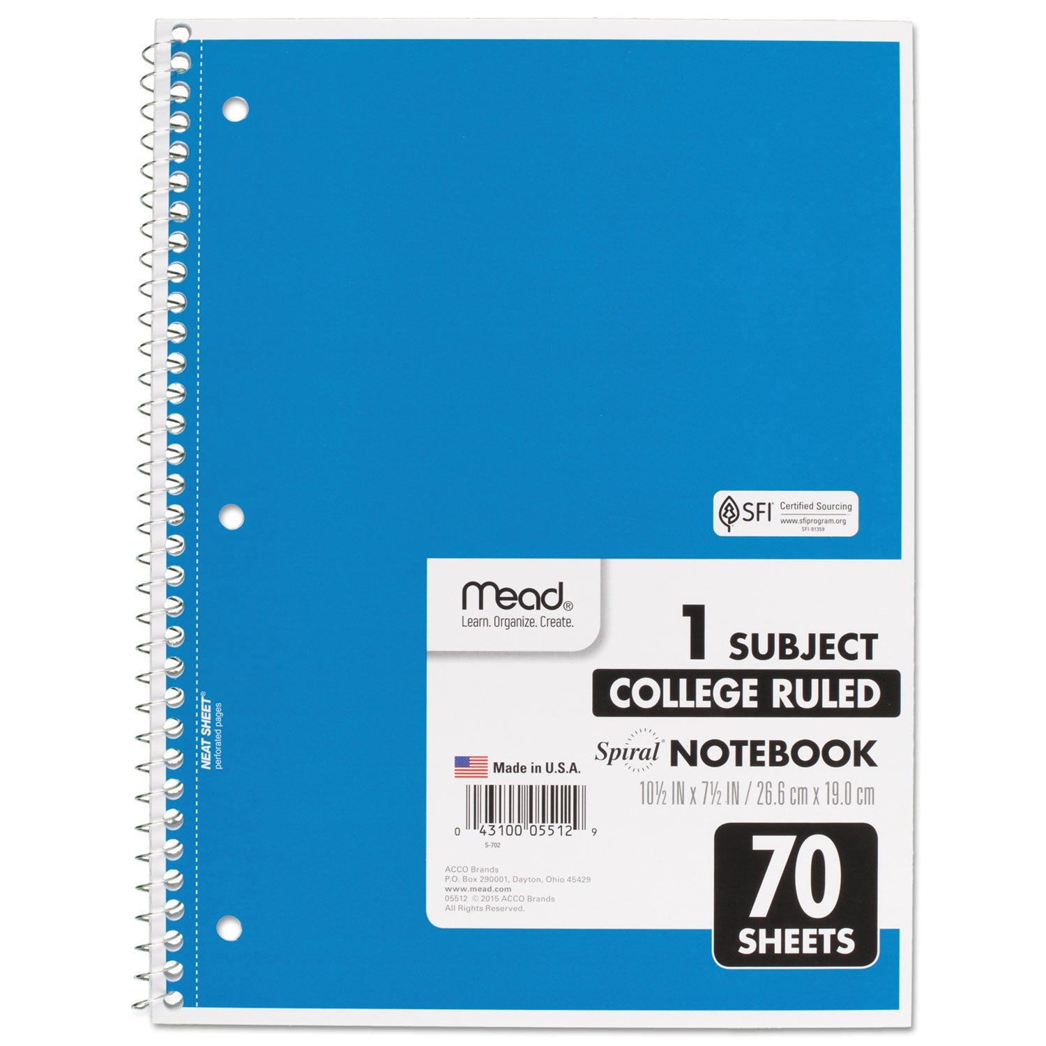 Mead® Spiral Notebook, 3-Hole Punched, 1-Subject, Medium/College Rule, Randomly Assorted Cover Color, (70) 10.5 x 7.5 Sheets