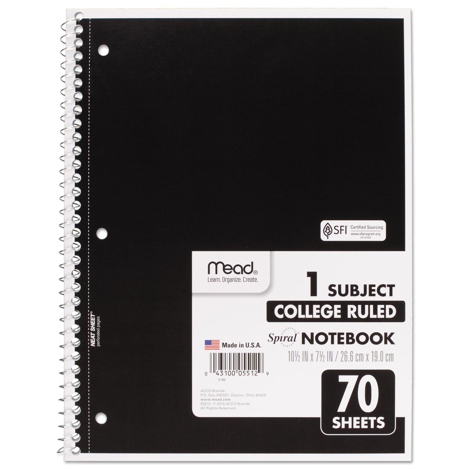 Mead® Spiral Notebook, 3-Hole Punched, 1-Subject, Medium/College Rule, Randomly Assorted Cover Color, (70) 10.5 x 7.5 Sheets